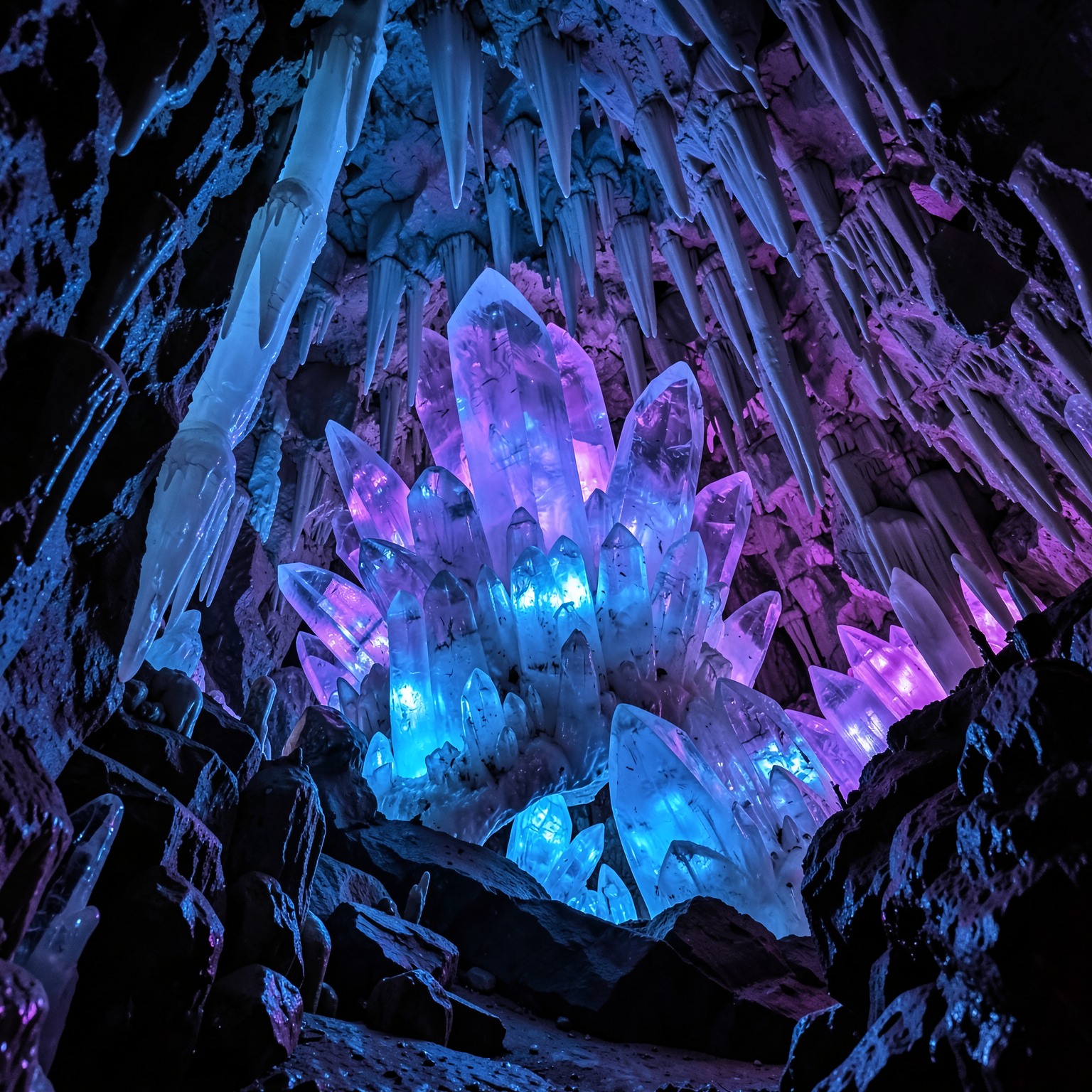 Giant crystal cave glowing blue and purple