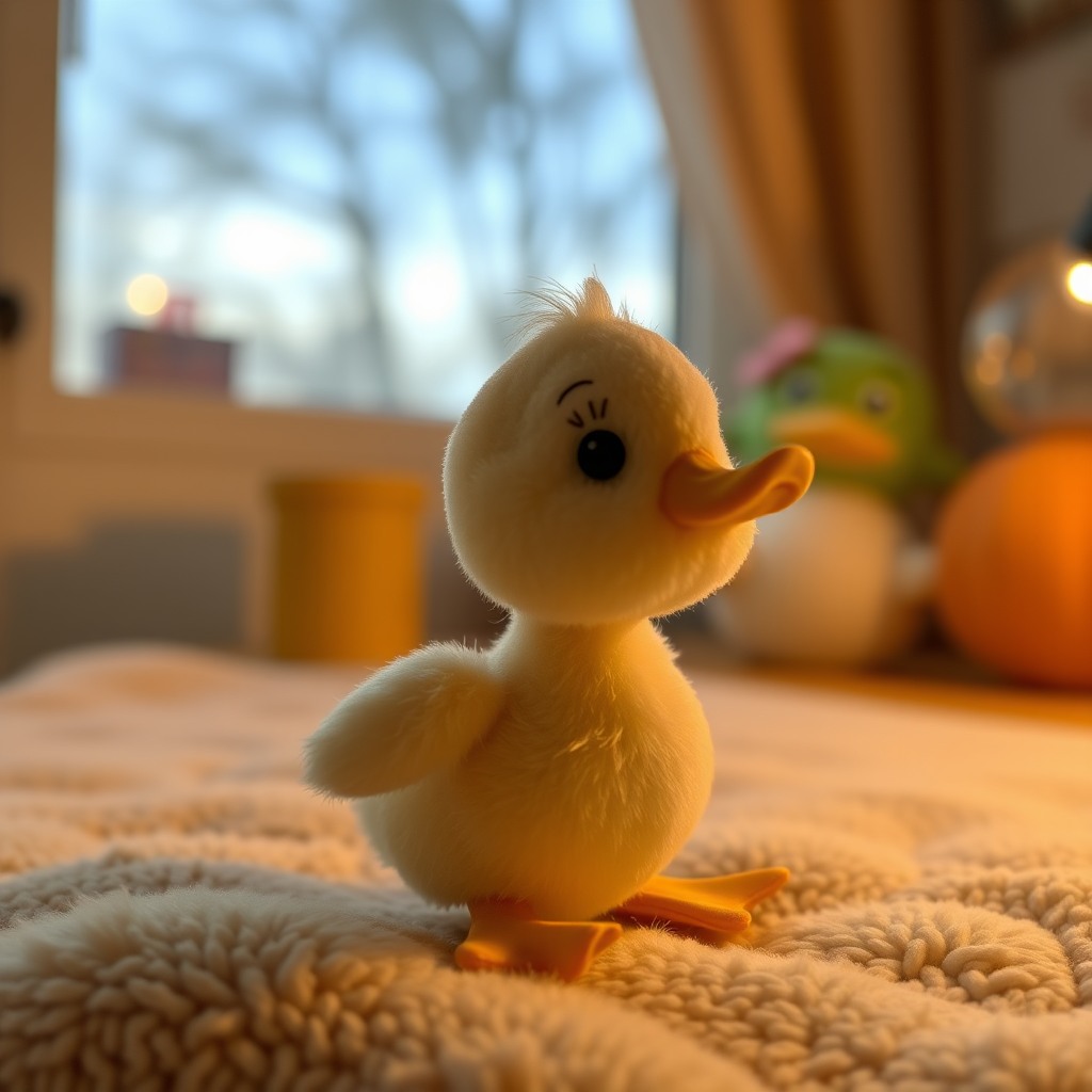 curious duckling, cozy indoor light, plush toy proportions