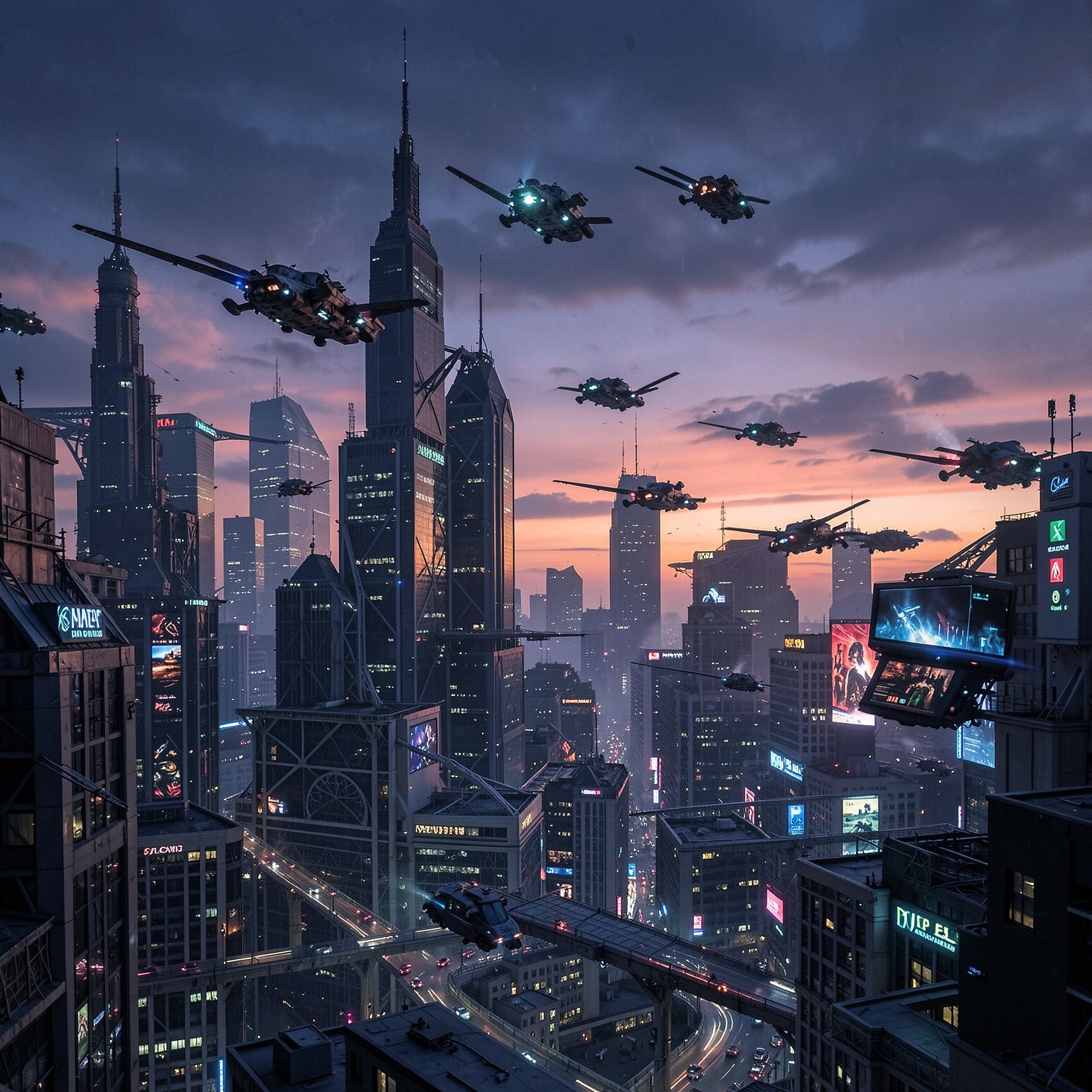 cyberpunk skyline with flying vehicles at dusk