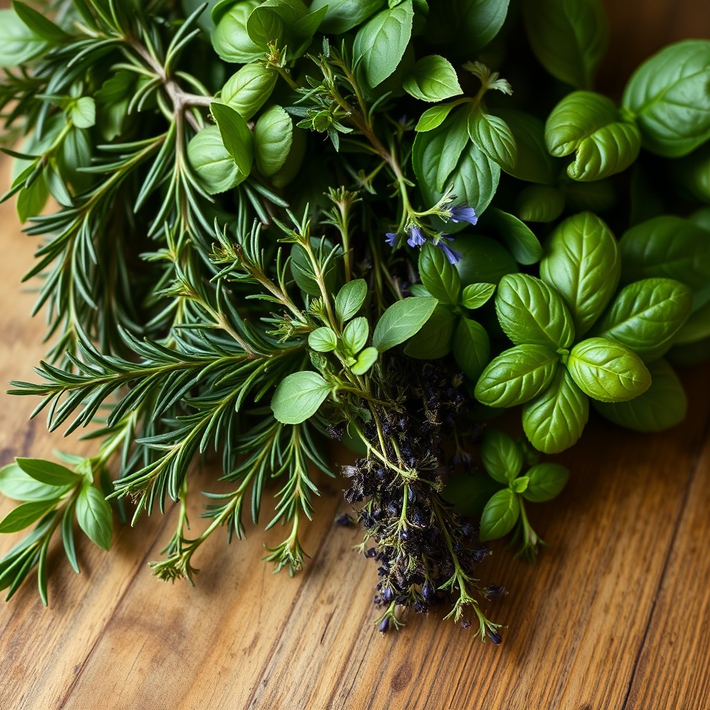 fresh herbs bundle, rosemary thyme basil, natural light