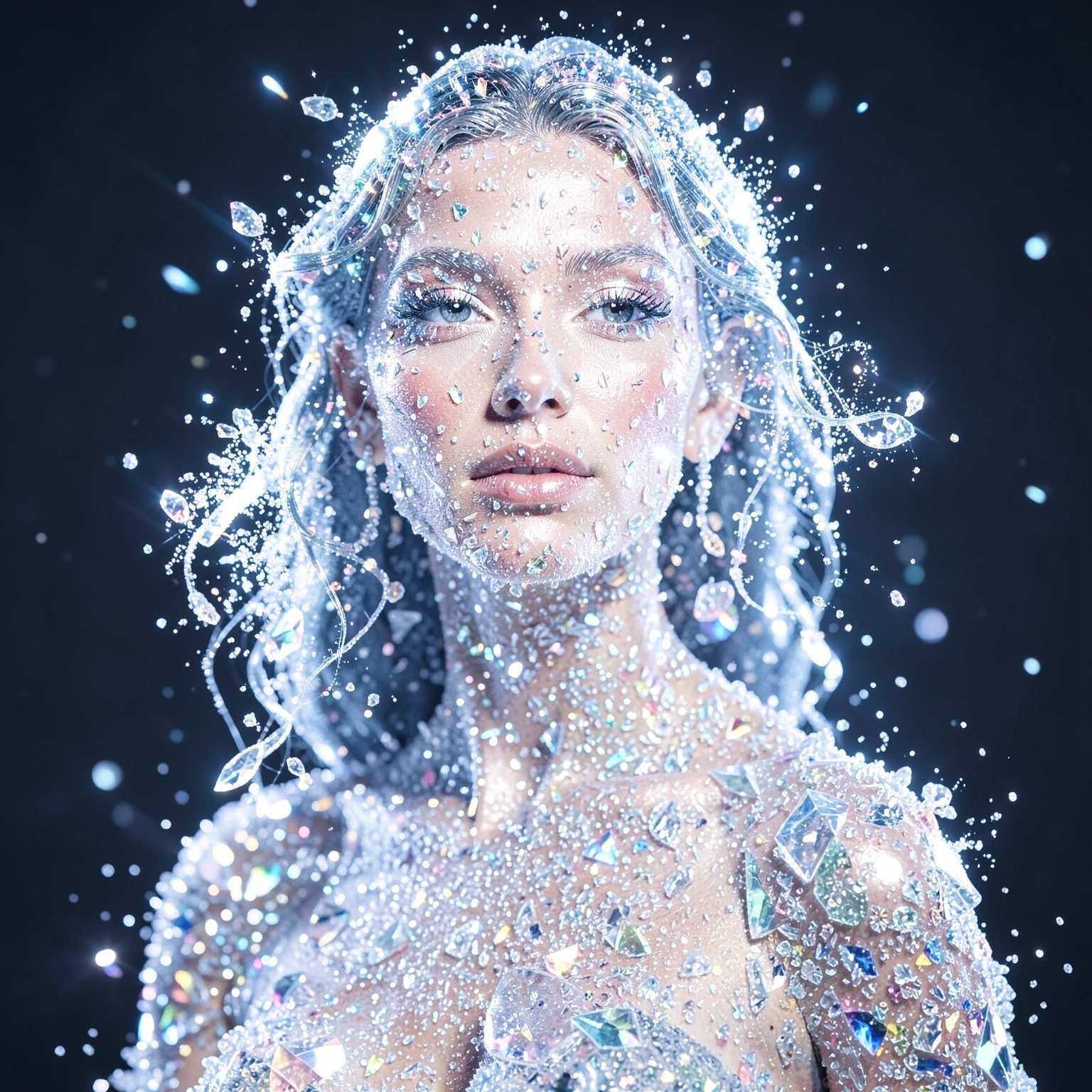 beautiful woman made entirely of crystal and light particles