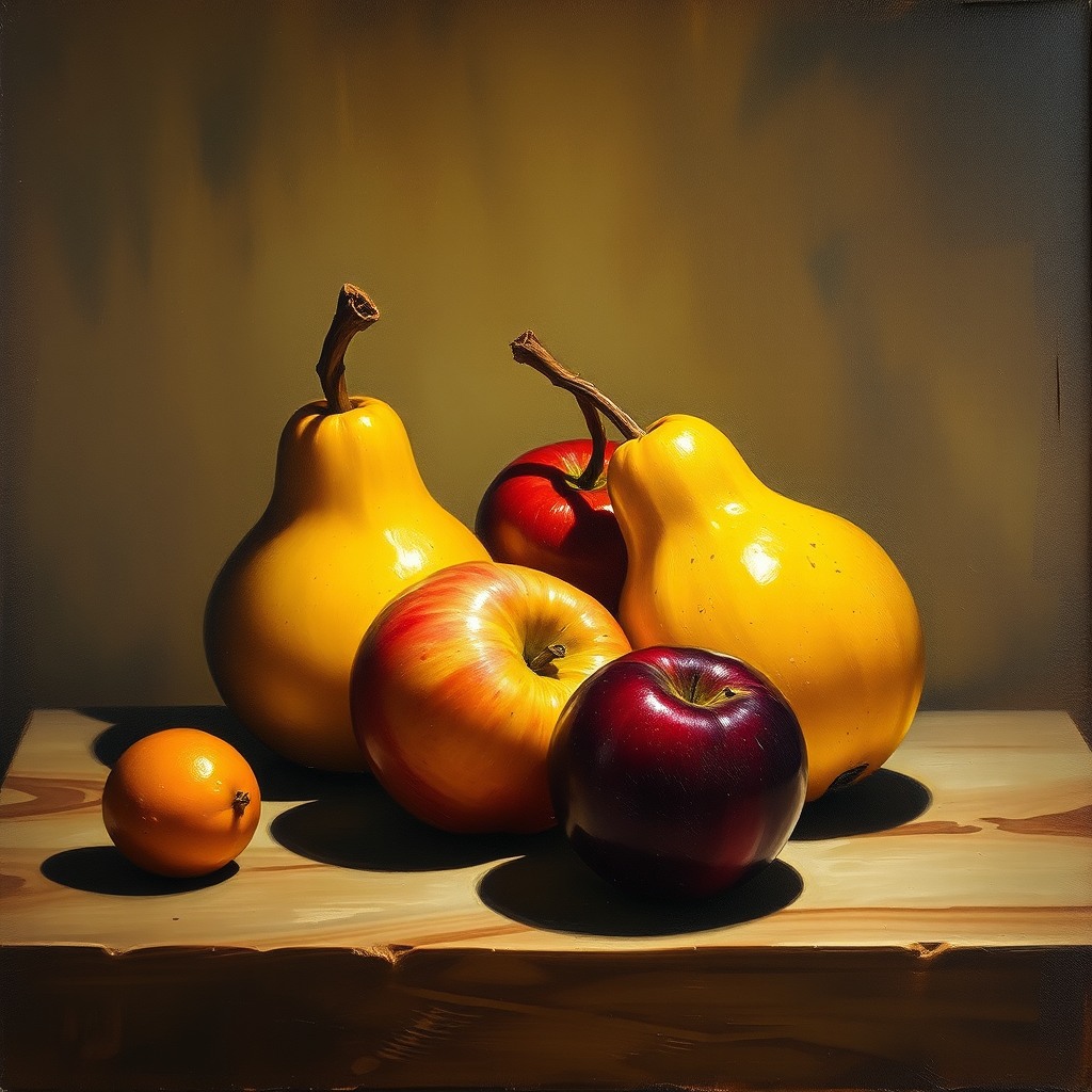 fruit still life, dutch painting style, dramatic lighting