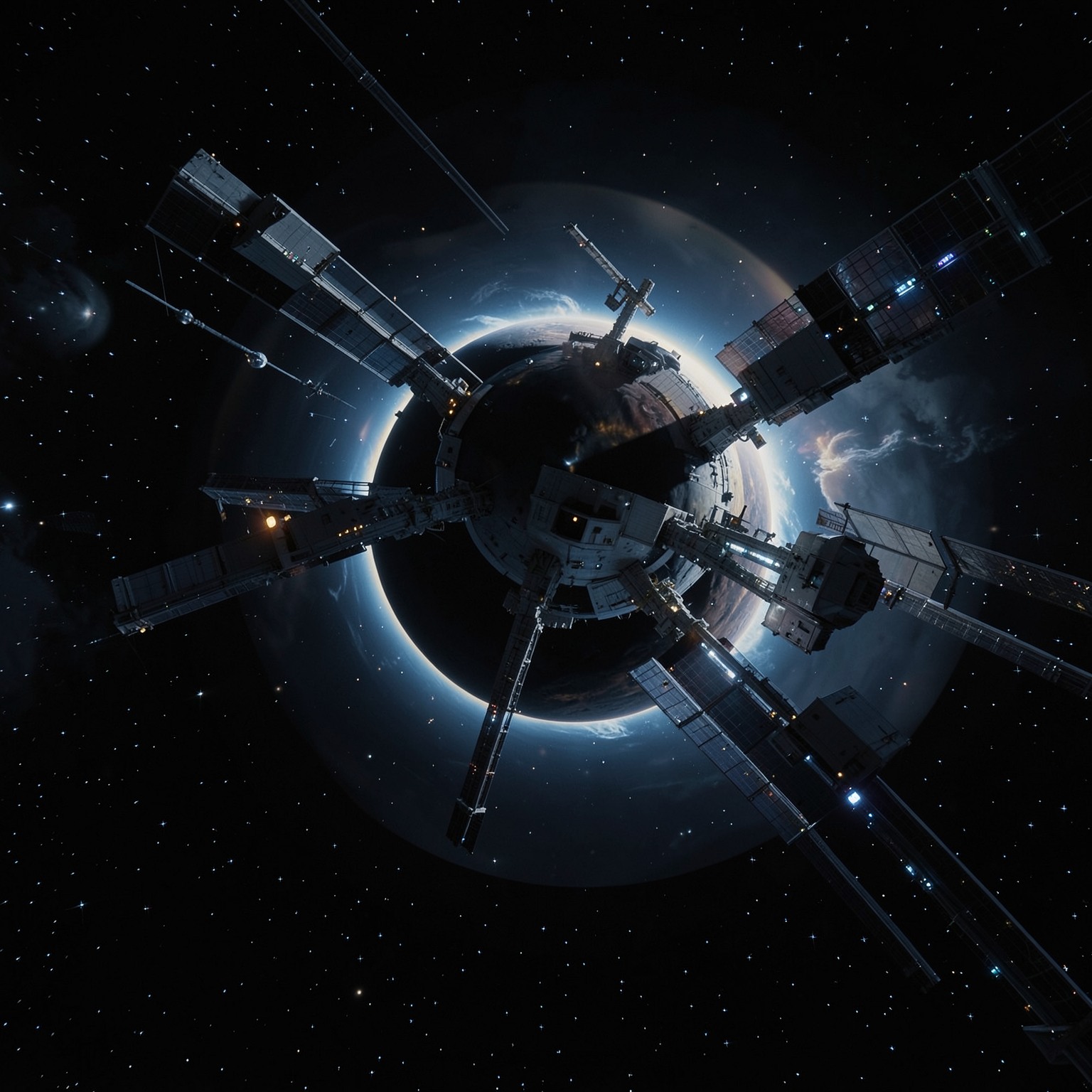 Space station orbiting black hole, cinematic view