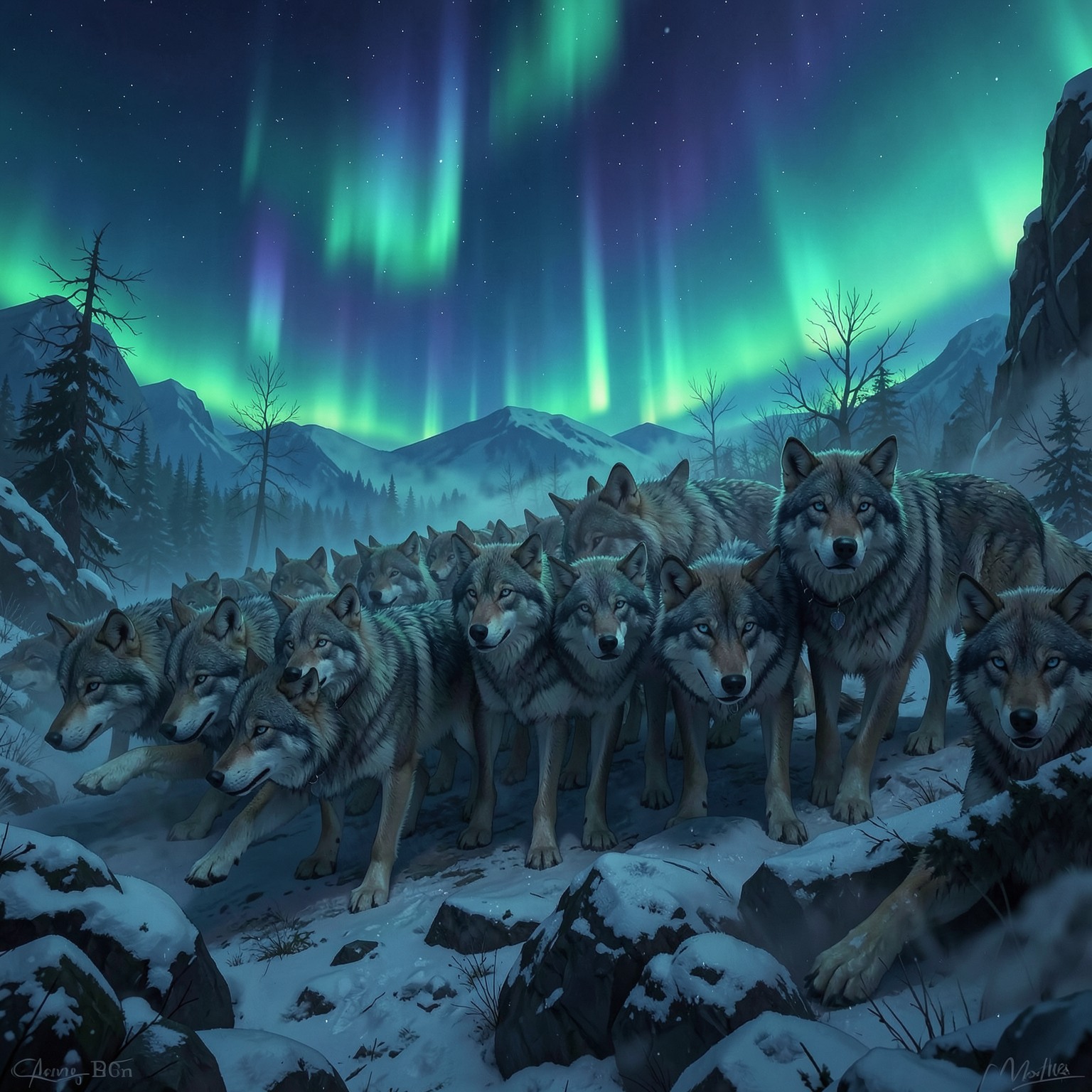 Giant wolf pack under northern lights