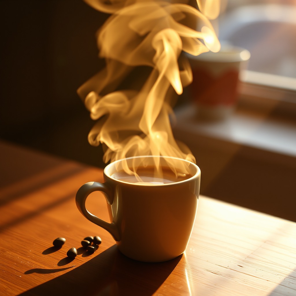 cinematic coffee photography, steam rising, warm tones, cozy mood