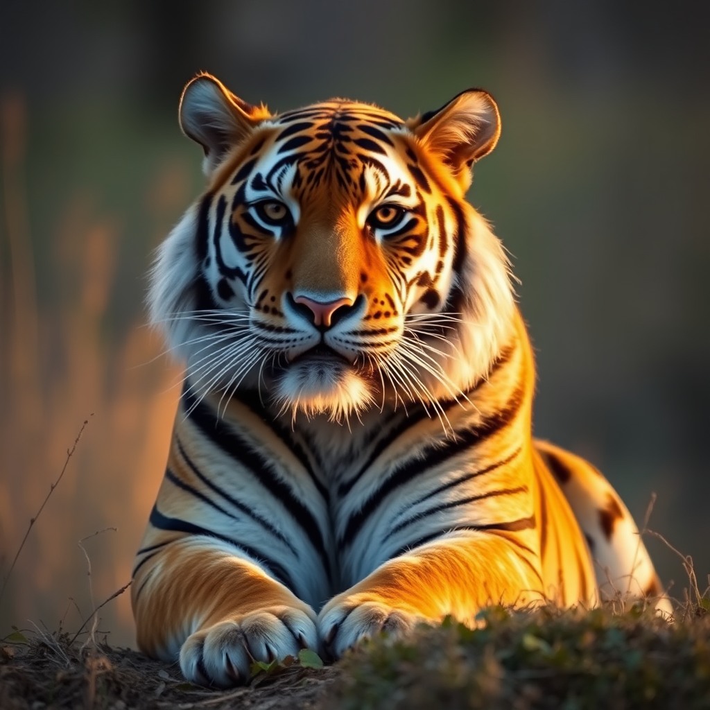chubby tiger, golden hour light, soft glow