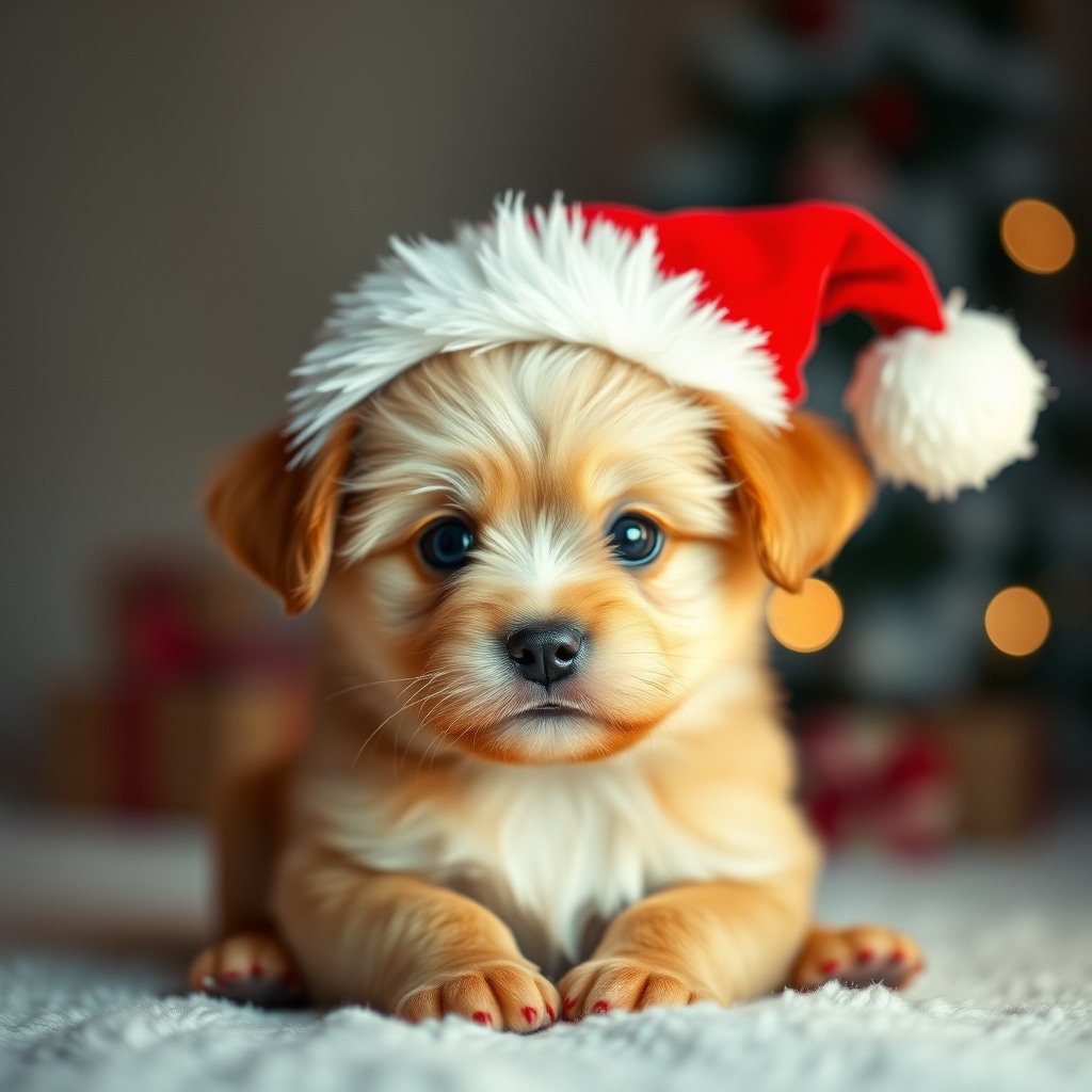cute christmas puppy wearing santa hat, soft light, high detail, cozy mood