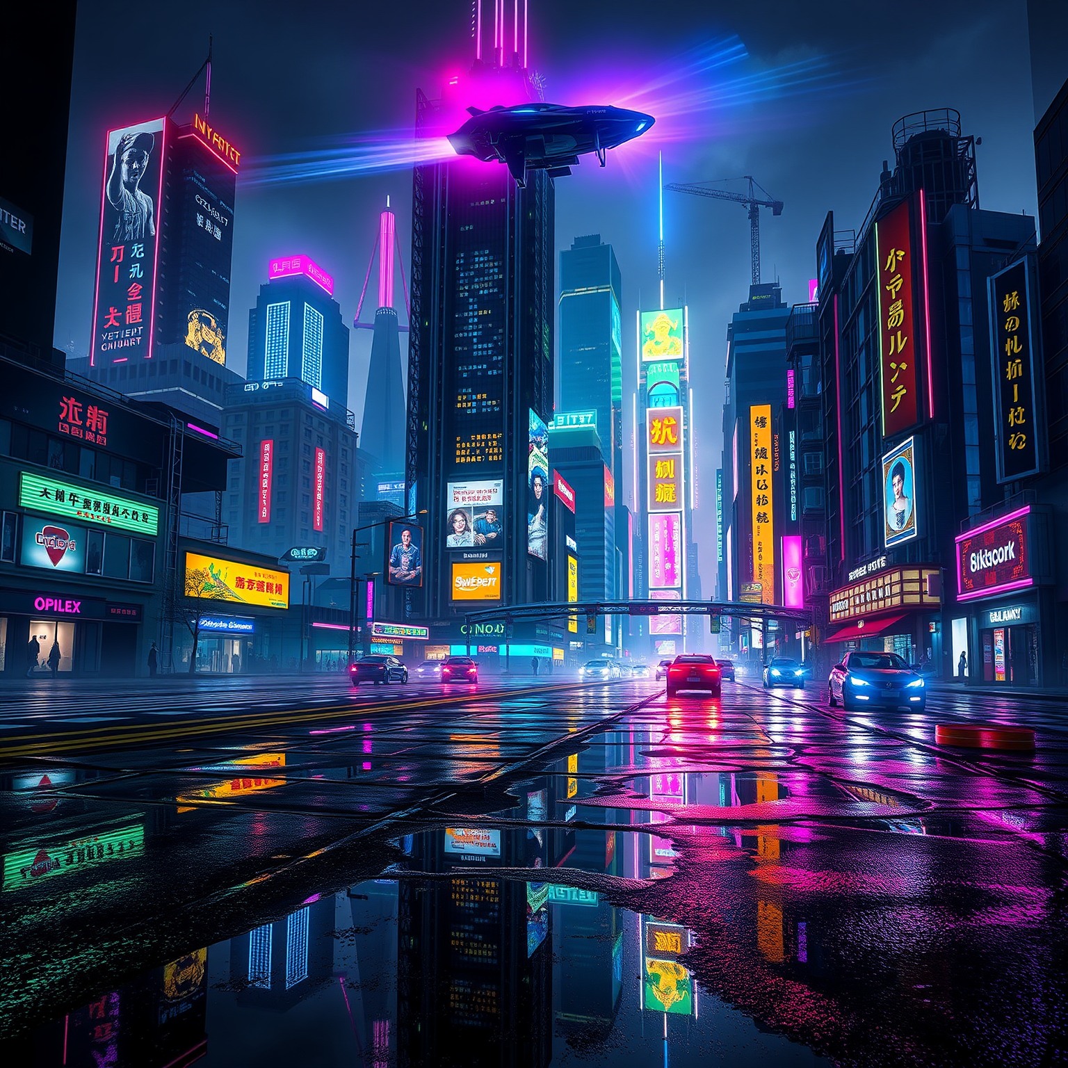 Cyberpunk cityscape at night with neon skyscrapers and futuristic vehicles.