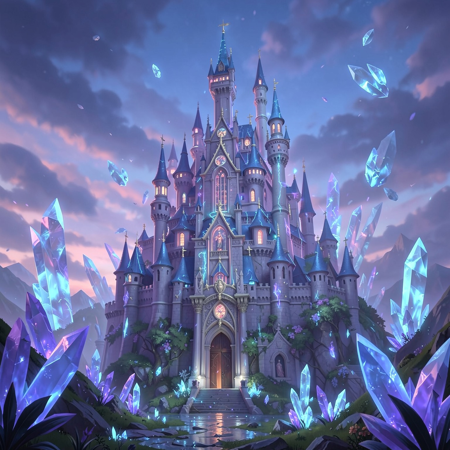 Magical castle surrounded by floating crystals