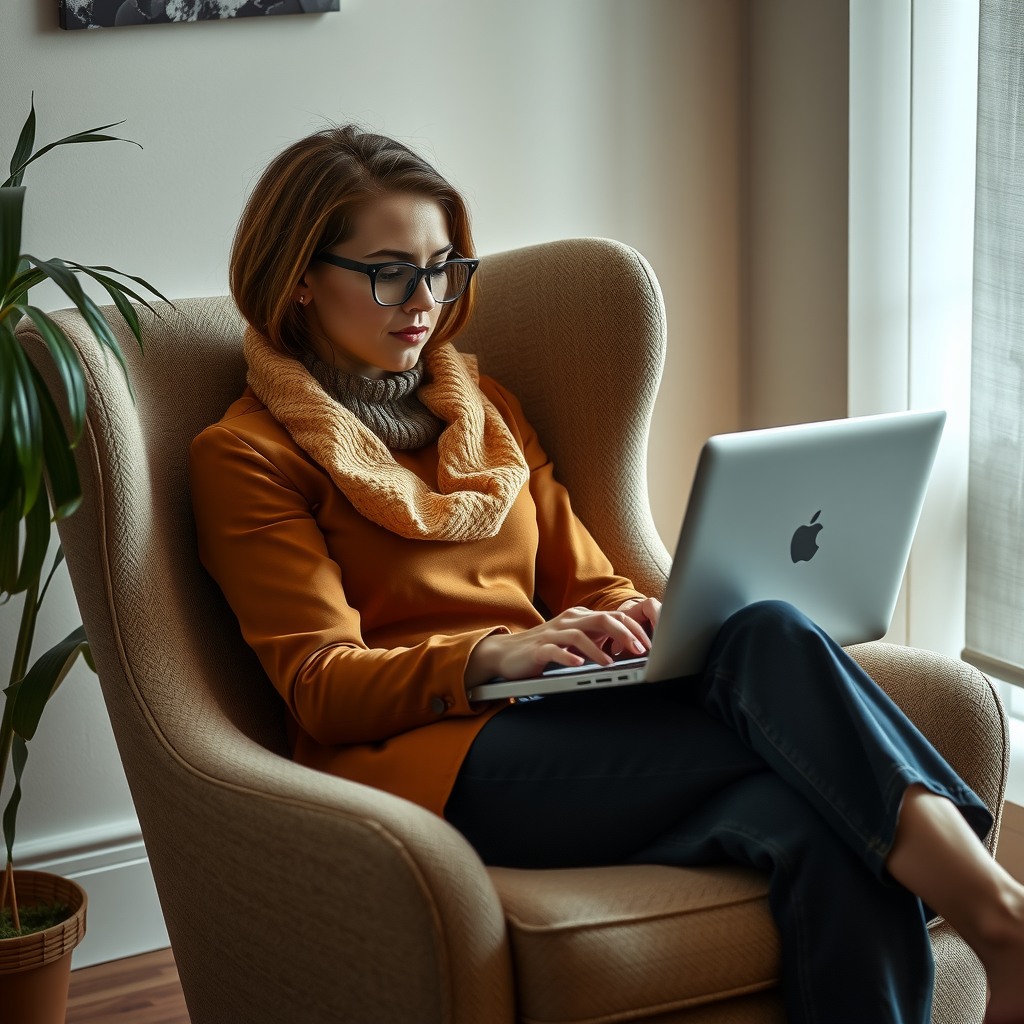 Photo-realistic editorial photography, realistic scene representing a woman using laptop on armchair