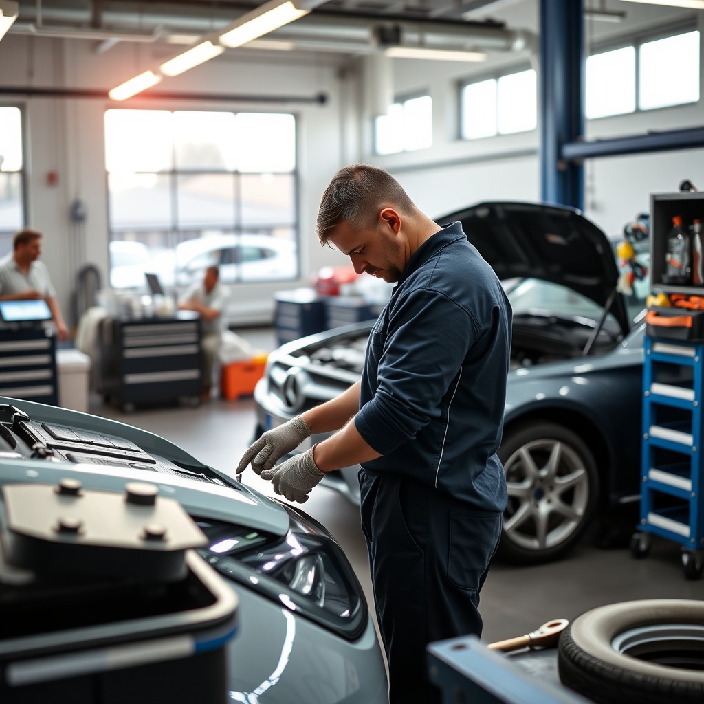 Photo-realistic editorial photography, realistic scene representing a car mechanic working in clean auto service garage, professional tools, natural lighting