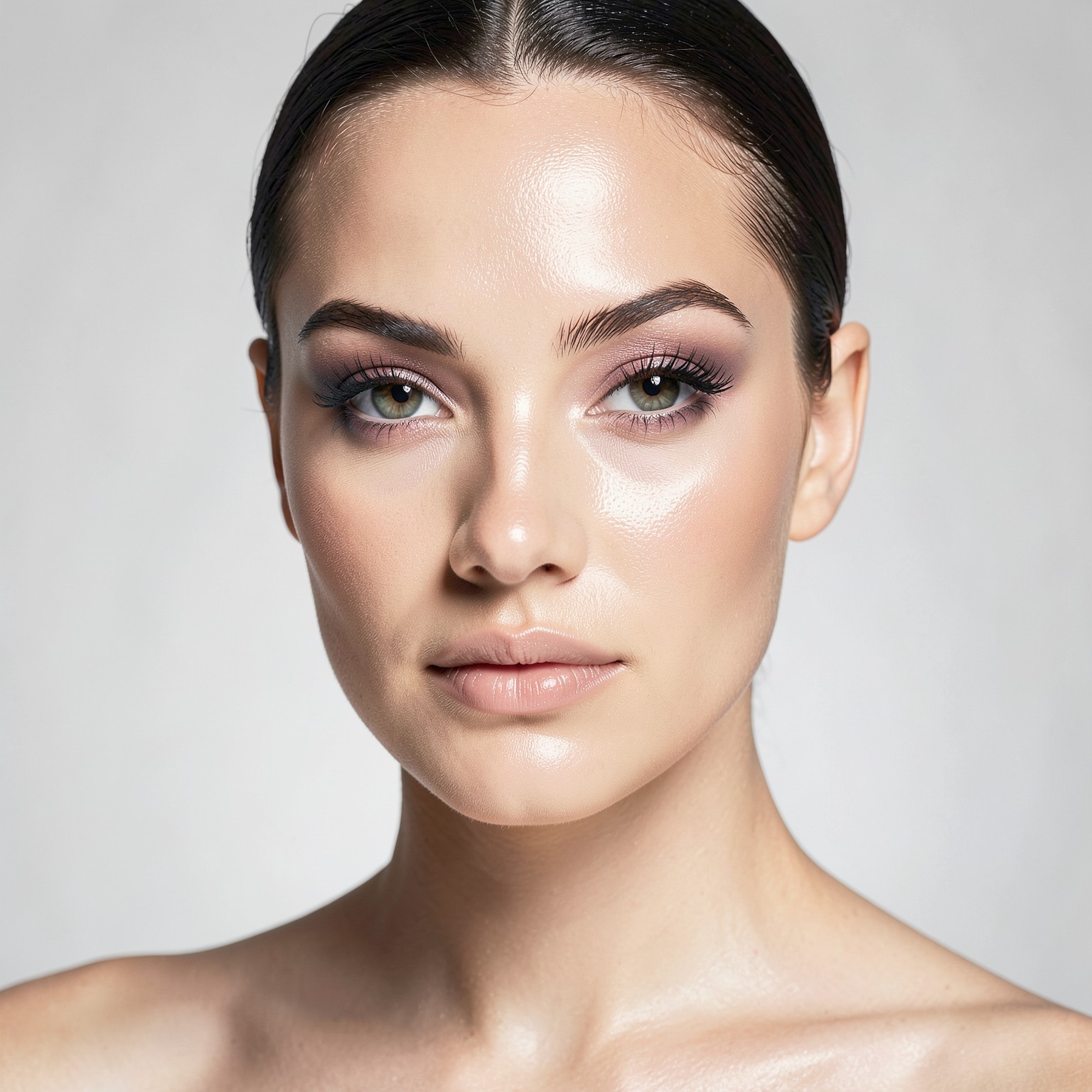 High-end cosmetic campaign portrait with flawless skin texture and soft makeup
