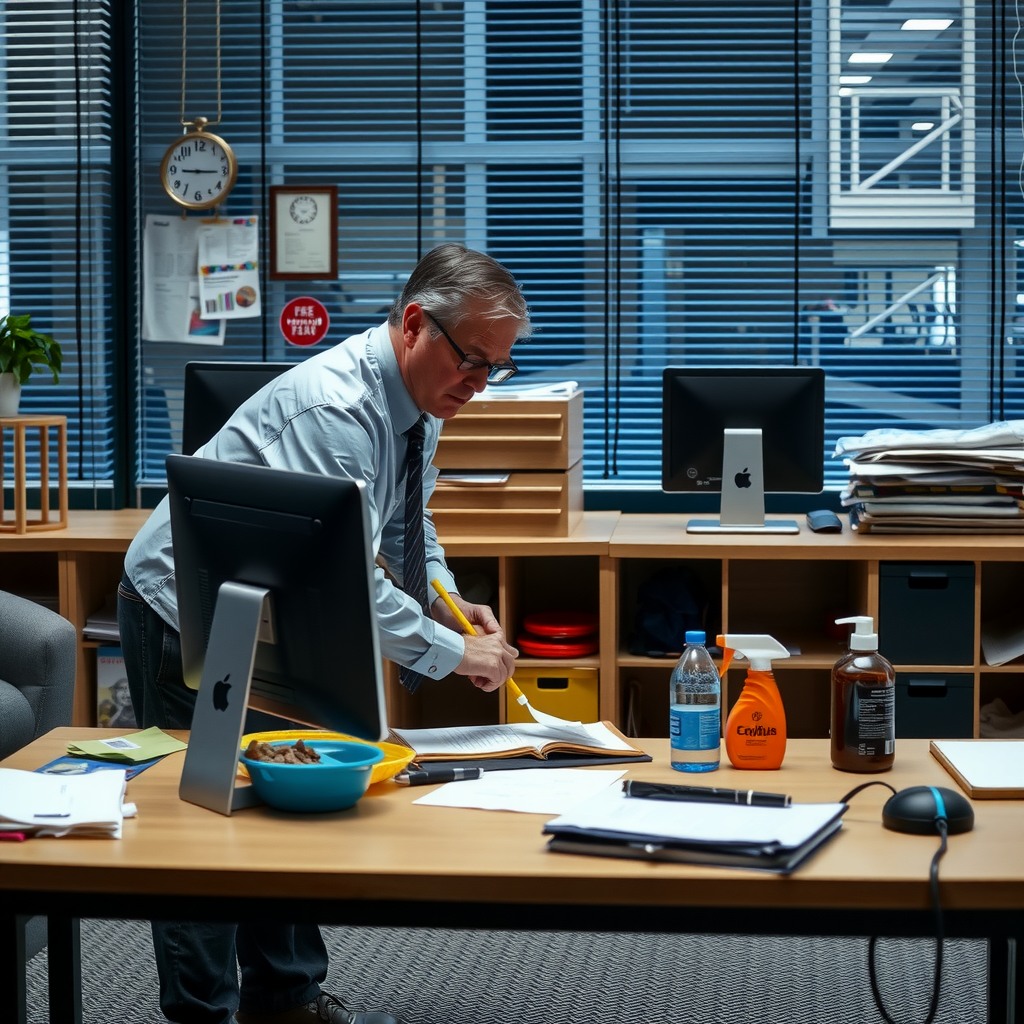 Photo-realistic editorial photography, realistic scene representing a man cleaning work desk
