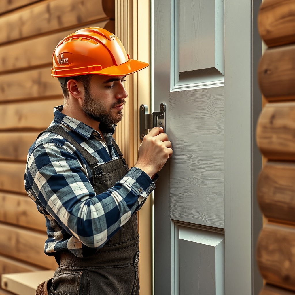 Photo-realistic editorial photography, realistic scene representing a handyman repairing door hinge
