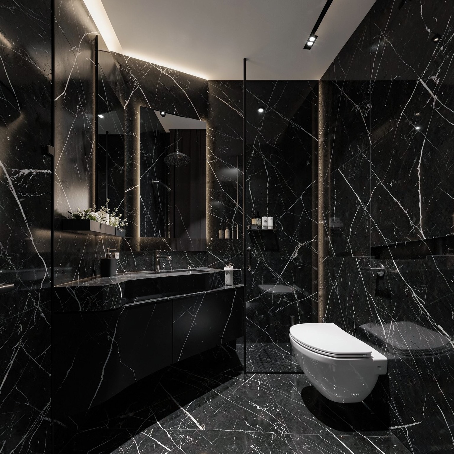 luxury black marble bathroom interior with ambient lighting
