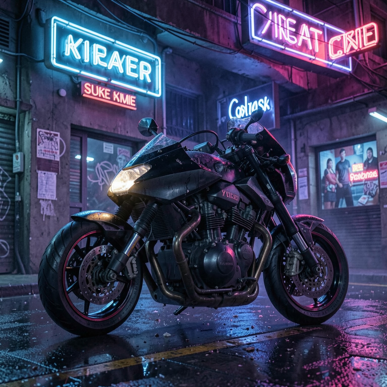 Cyberpunk motorcycle parked under neon signs