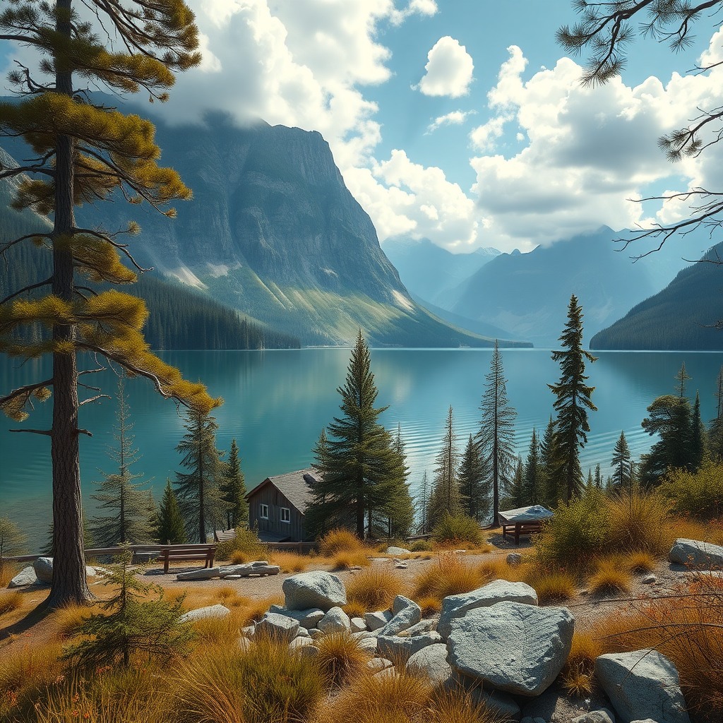 Photo-realistic editorial photography, realistic scene representing remote lake