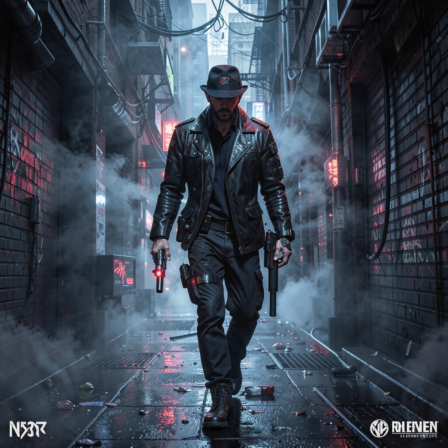 cyberpunk detective walking through alley smoke
