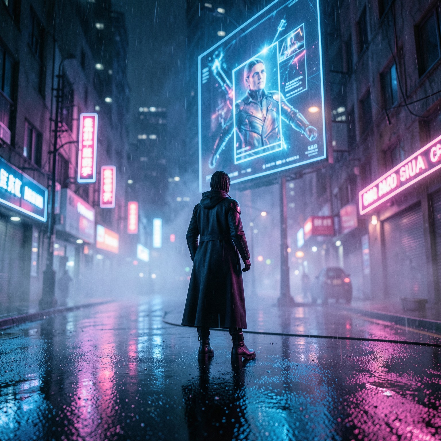 A cinematic cyberpunk street at night, rain-soaked asphalt reflecting neon lights, a lone futuristic character in a long coat standing under a holographic billboard, ultra-detailed, dramatic composition, shallow depth of field, soft volumetric fog, realistic lighting, neon blue and magenta color palette, high contrast, 35mm lens, cinematic photography, hyper-realistic, 8k quality, cyberpunk, cinematic lighting