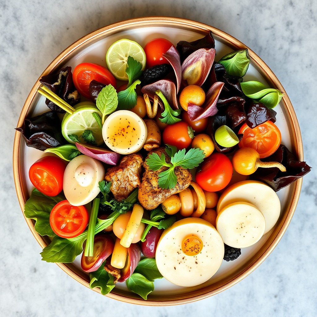 gourmet vegetable platter, top down view, restaurant style