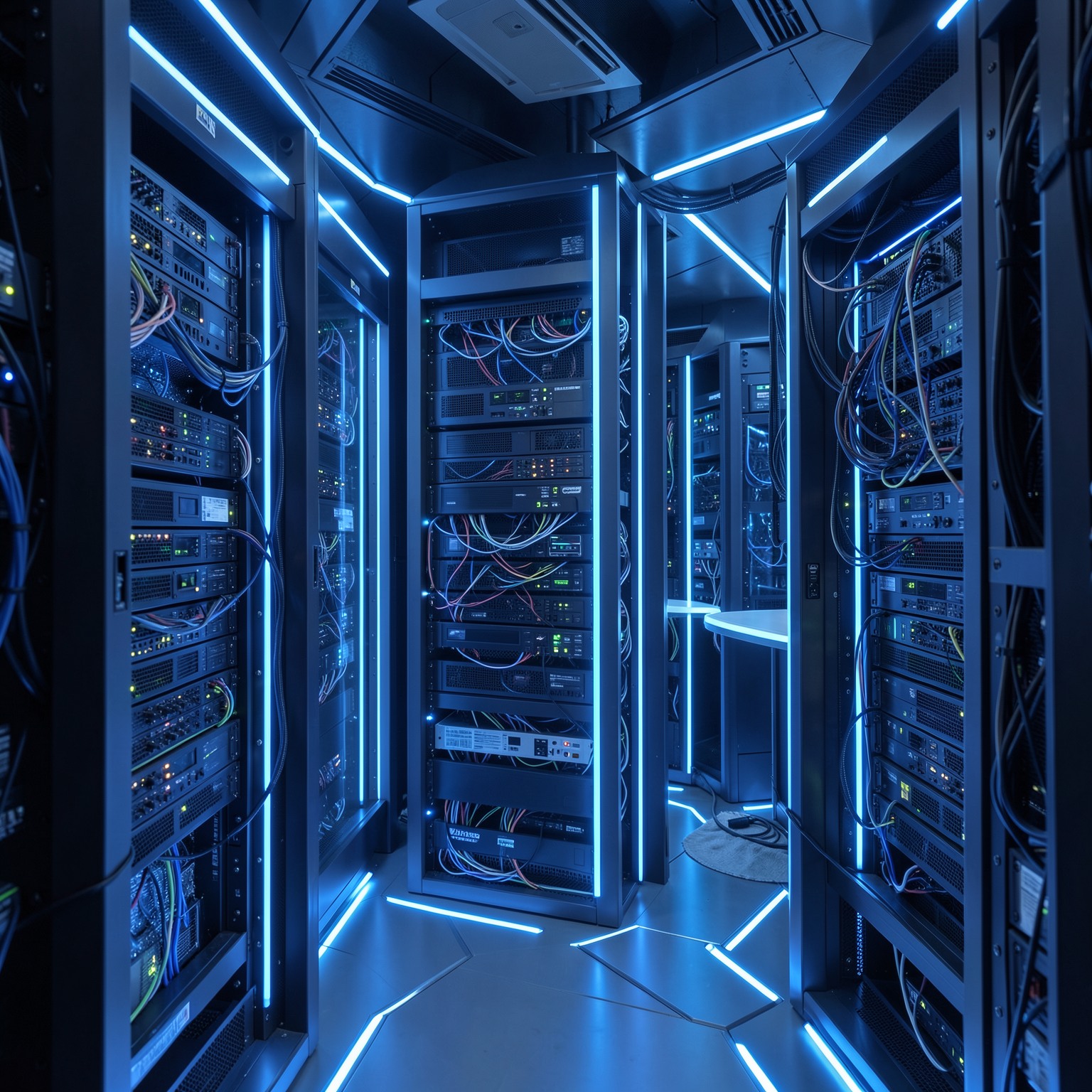 futuristic AI server room glowing with blue lights