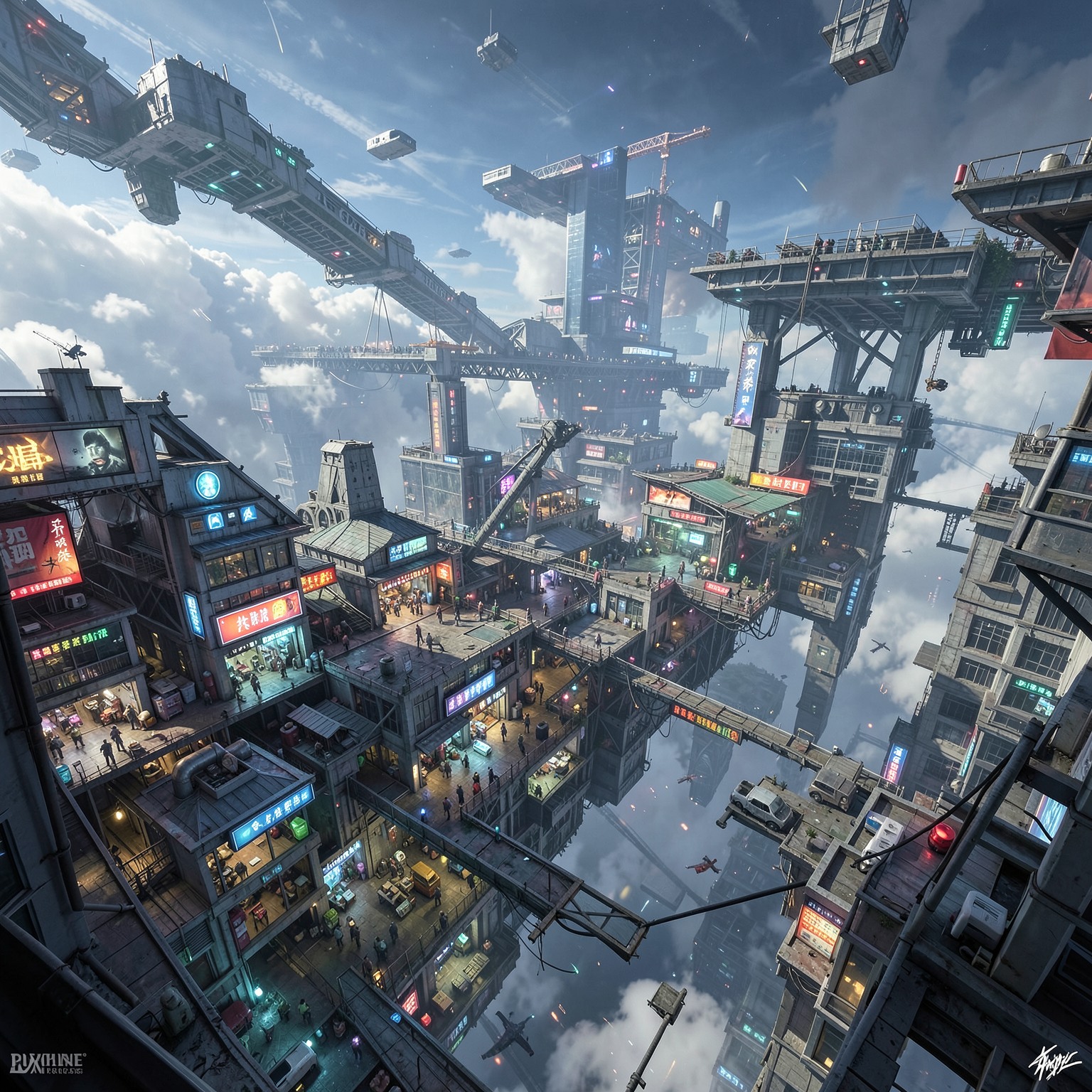 Floating cyberpunk marketplace in the sky, ultra detailed