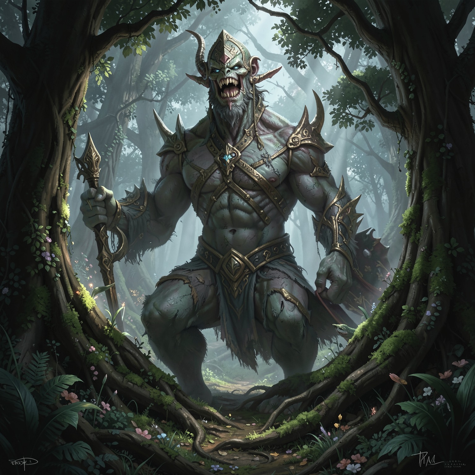 Fantasy giant protecting ancient forest