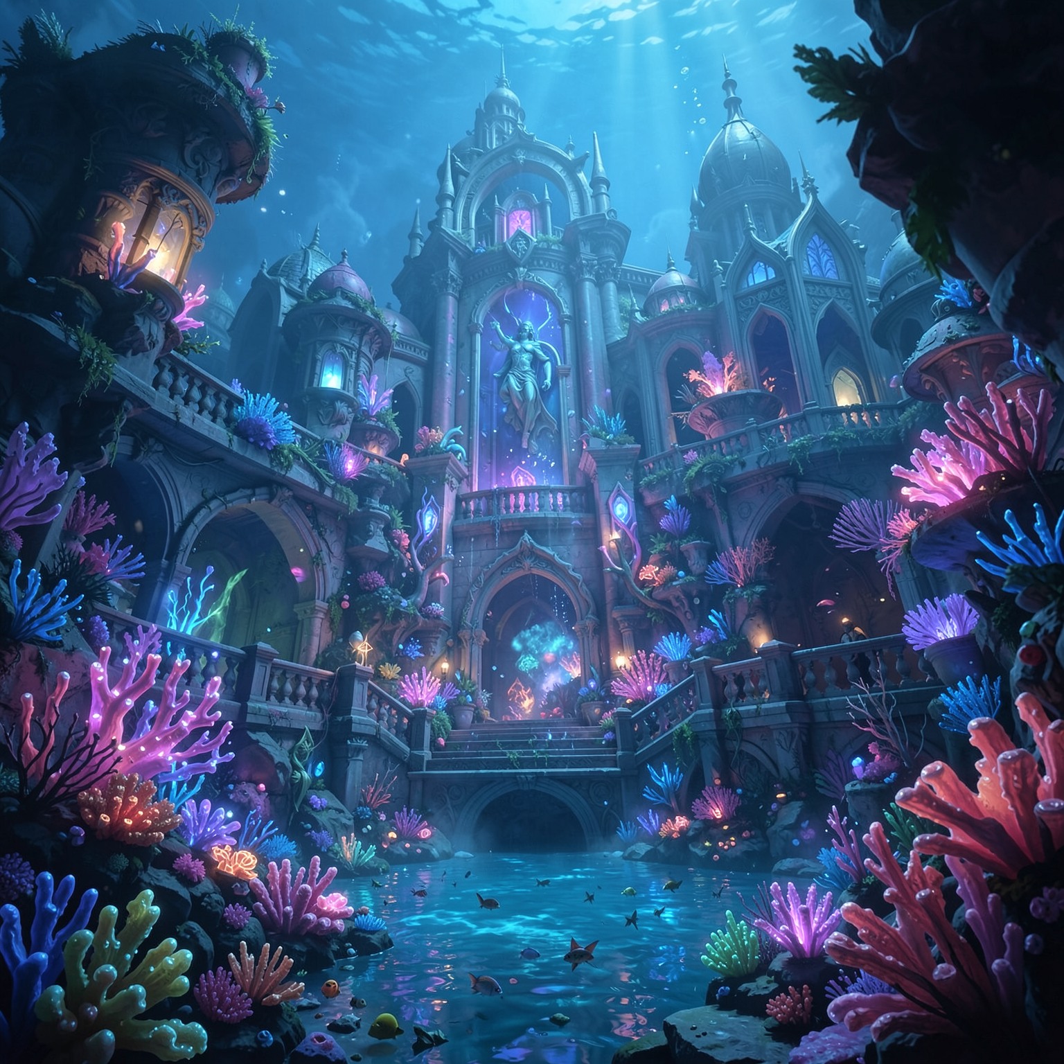 fantasy underwater palace with glowing corals