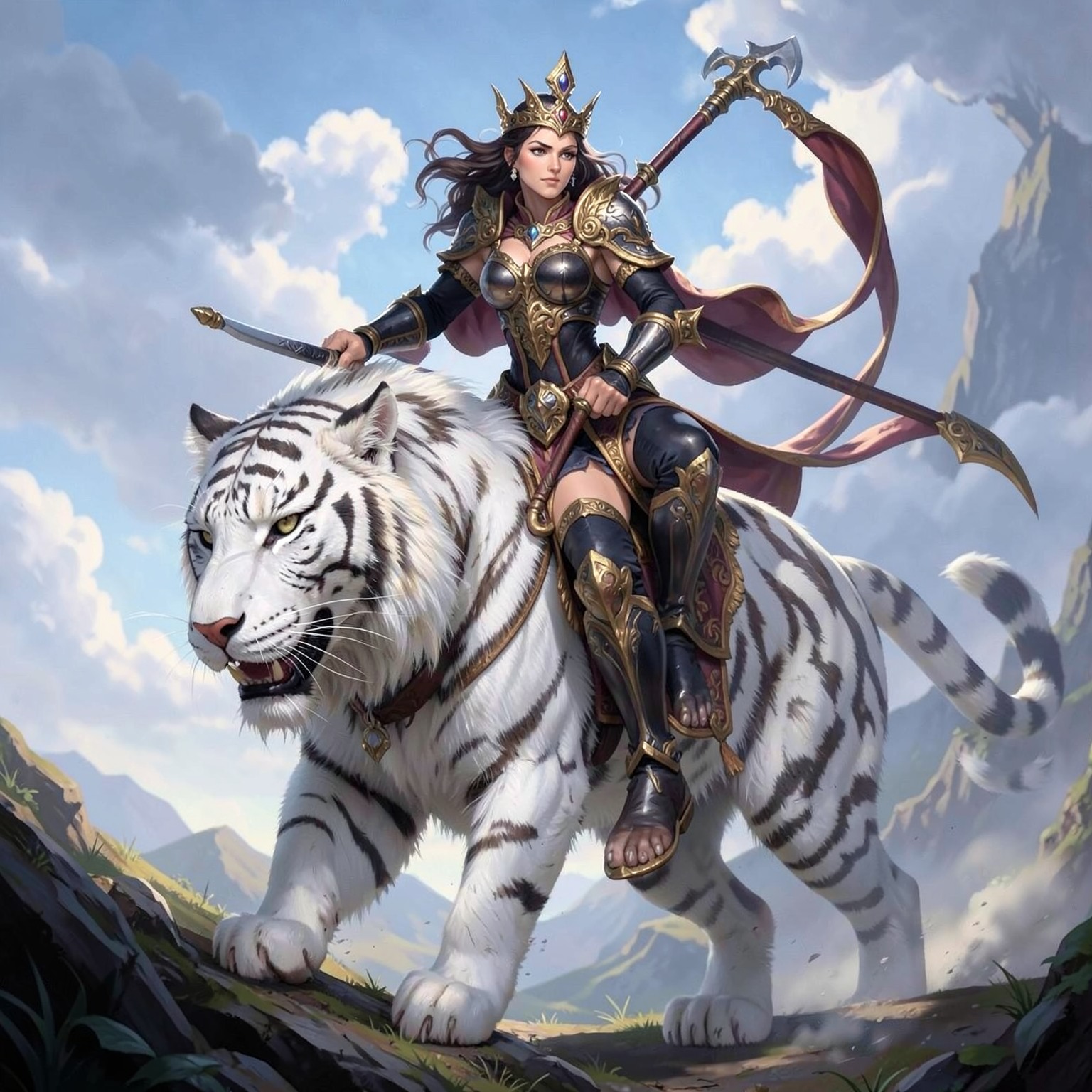 fantasy warrior queen riding white tiger