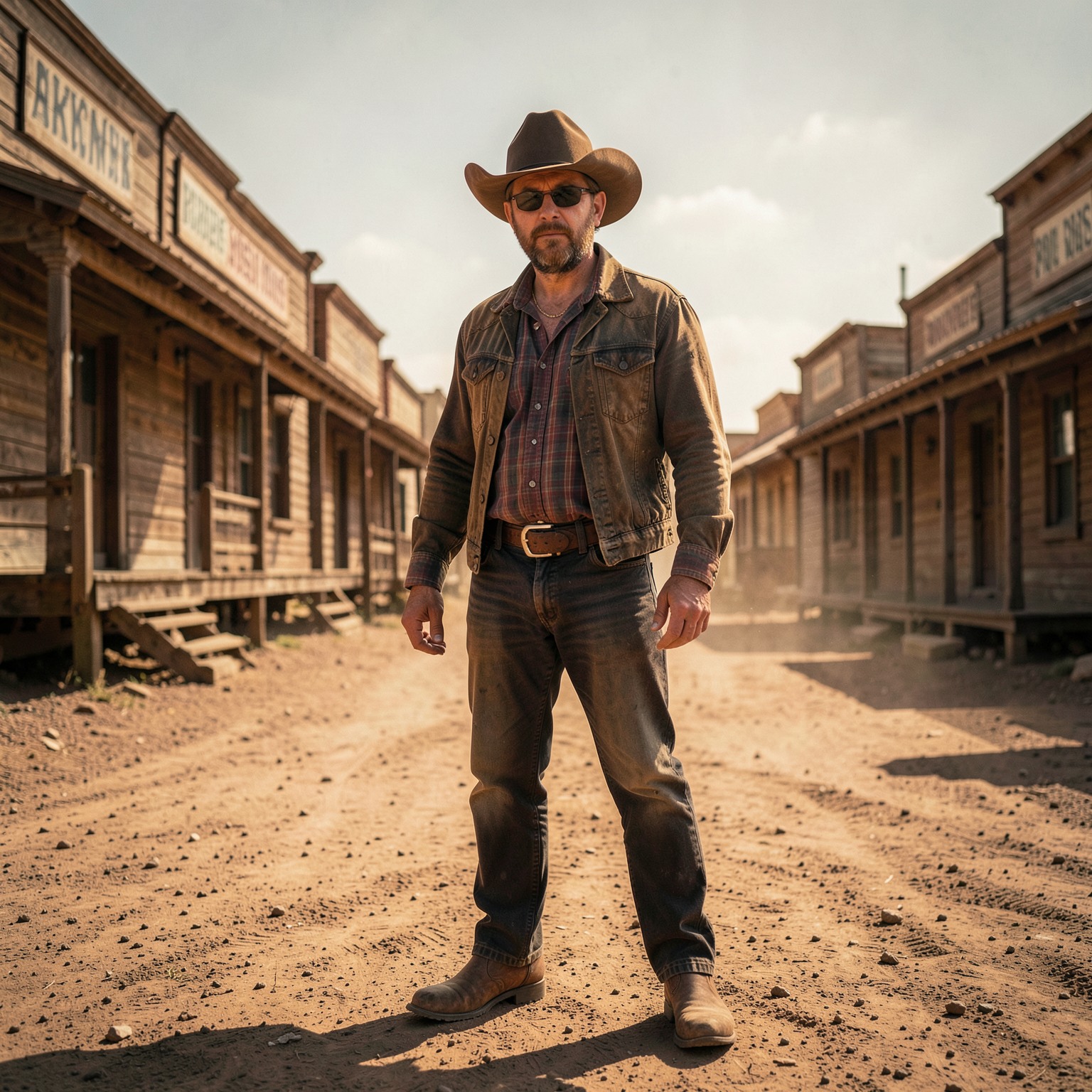 cinematic cowboy standing alone in dusty western town