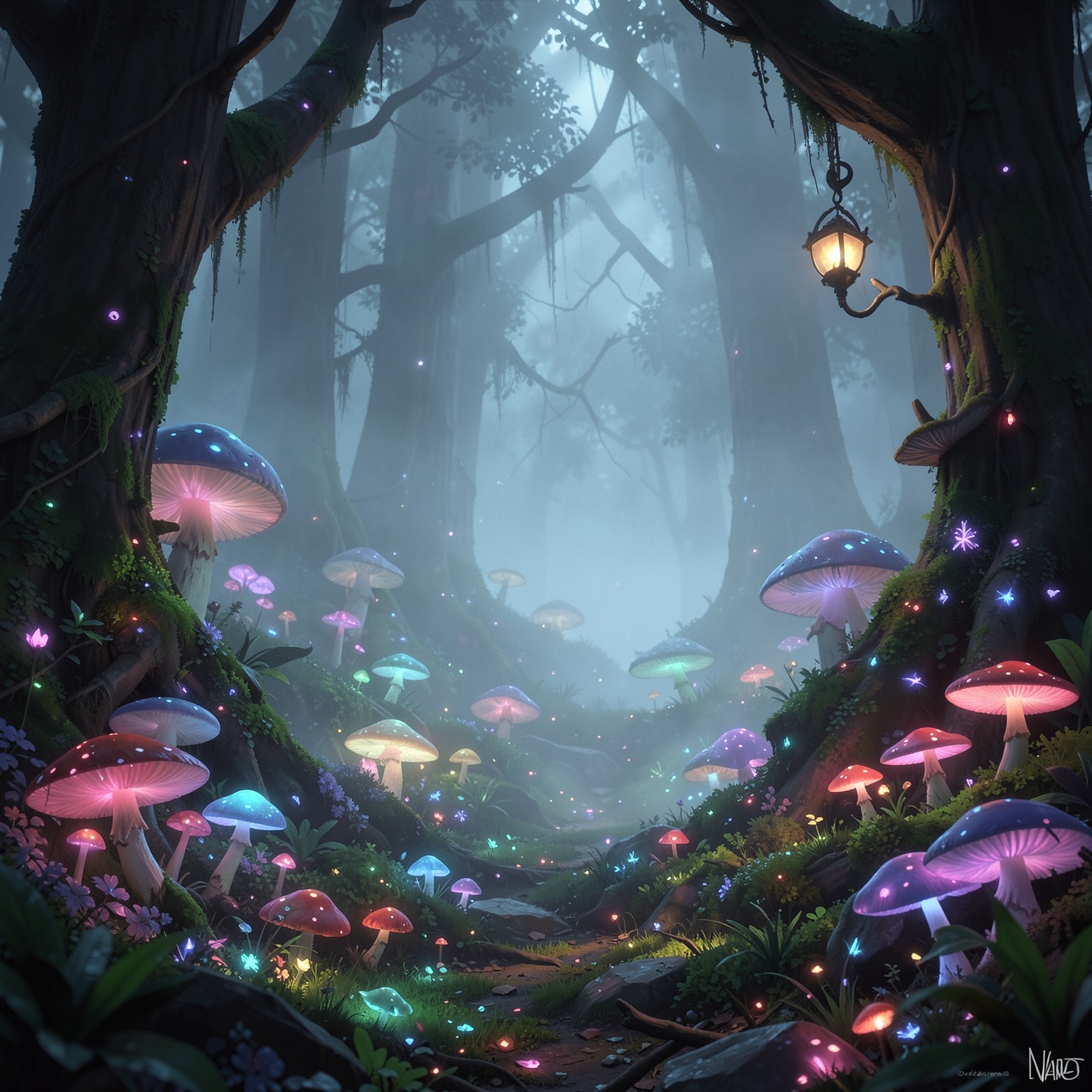 magical forest with glowing mushrooms and fog