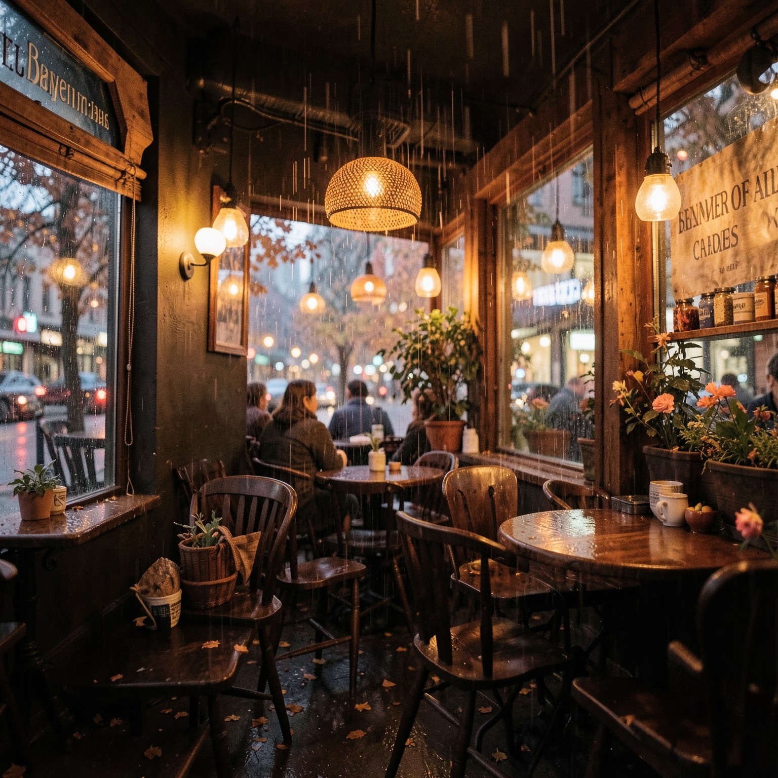 cozy coffee shop during rainy autumn evening