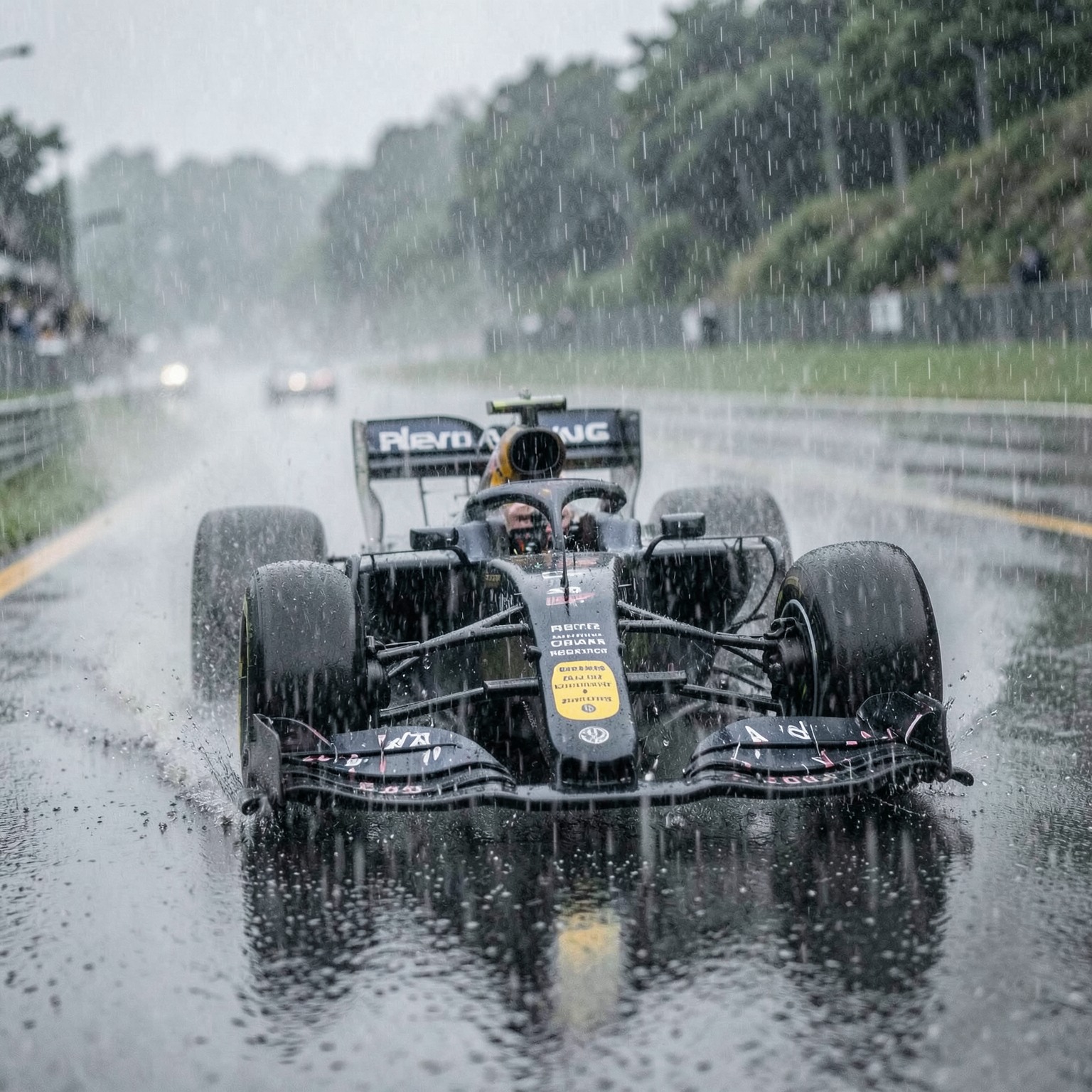 realistic Formula 1 car racing through heavy rain