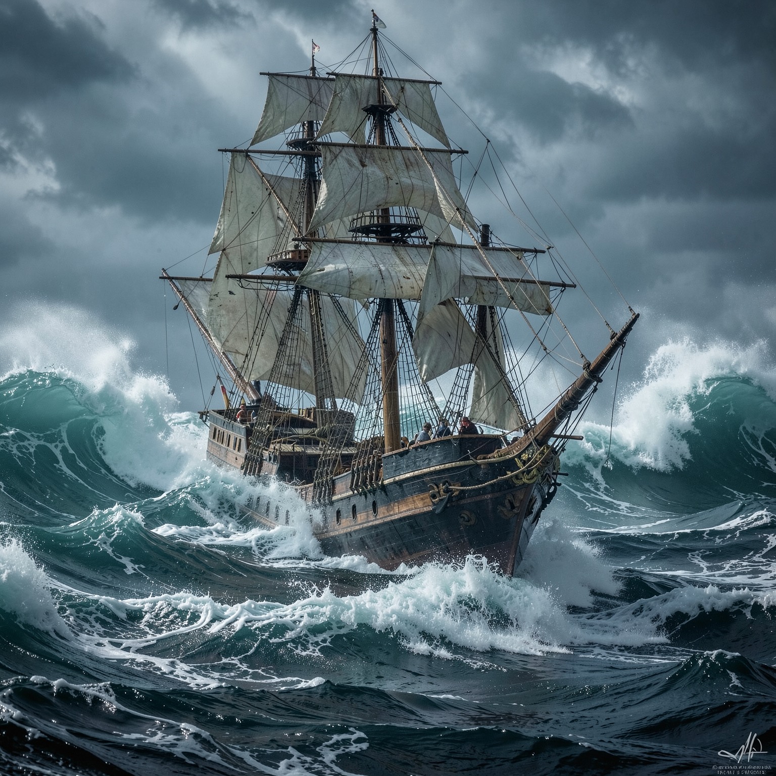 realistic pirate ship in giant storm waves, cinematic ocean scene