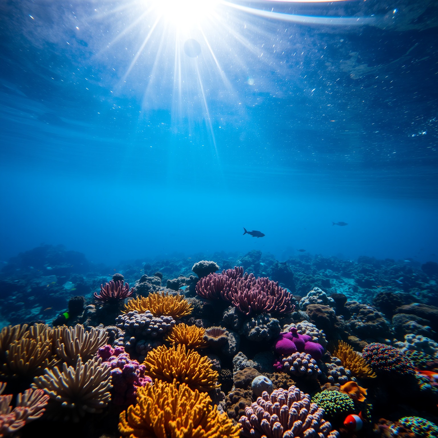 A vibrant coral reef underwater scene with diverse marine life.