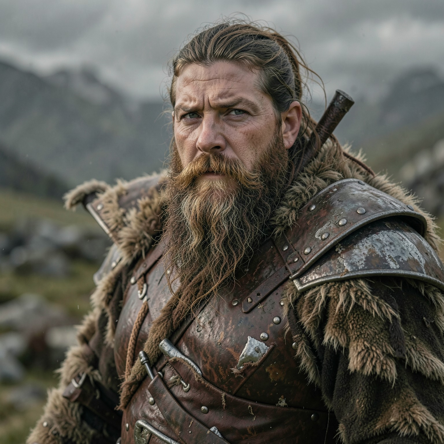 cinematic portrait of a Viking warrior with detailed beard and armor