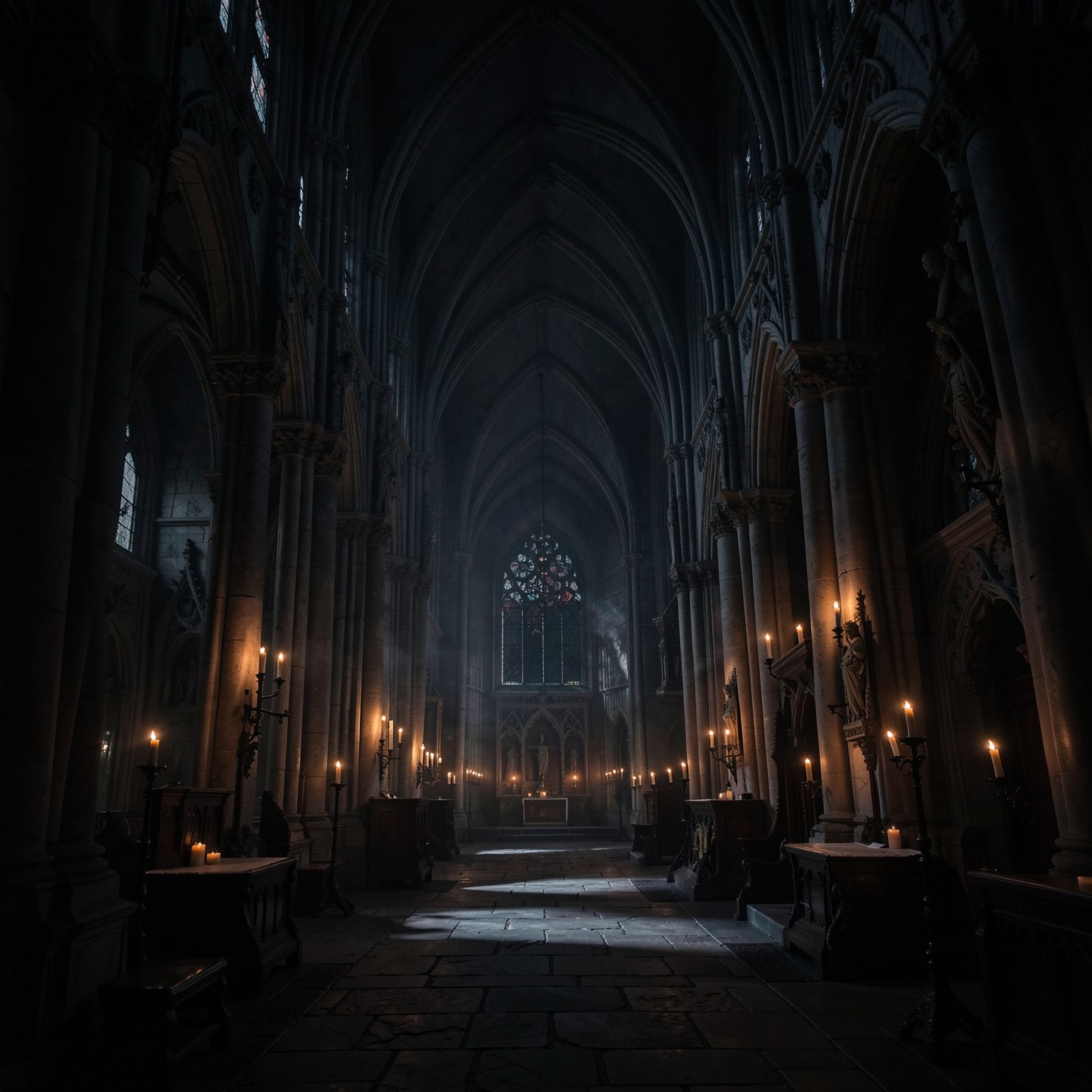 dark gothic cathedral interior with candles and dramatic shadows