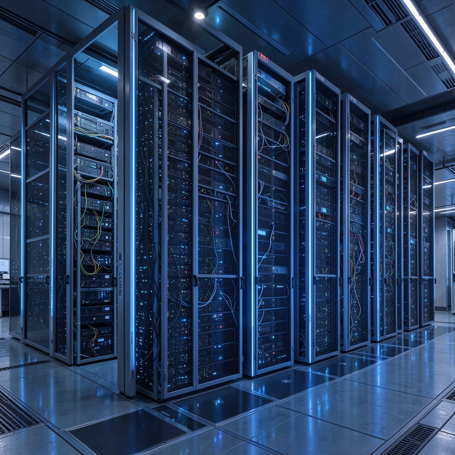 Massive futuristic data center with blue ambient lighting, photorealistic