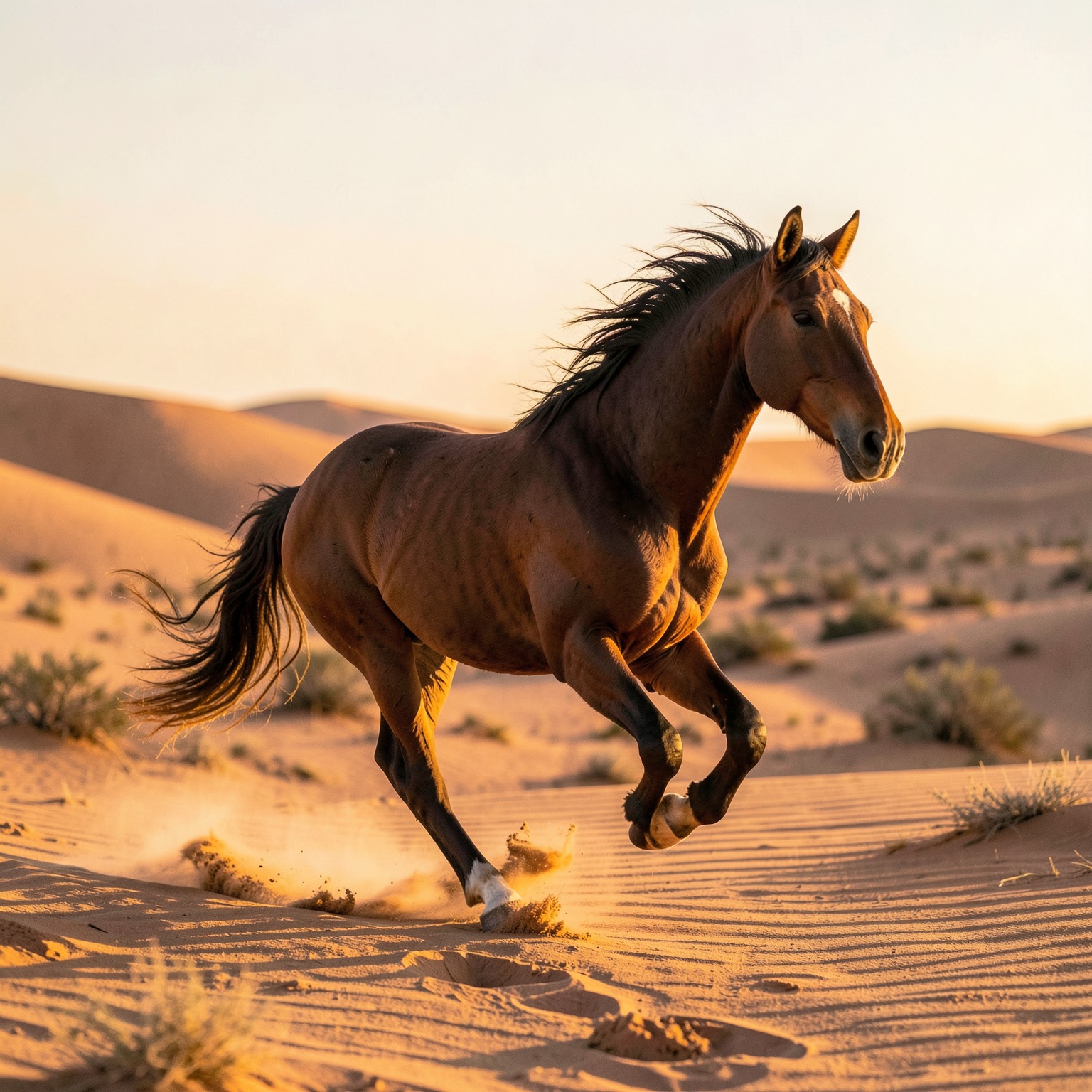 realistic horse running across desert during golden hour