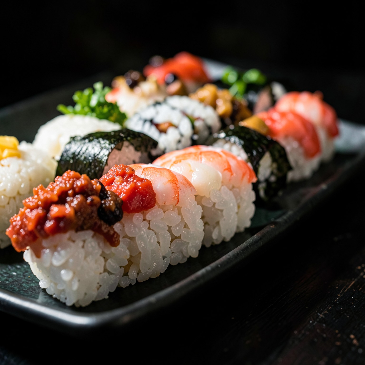 realistic sushi platter macro shot with dramatic lighting