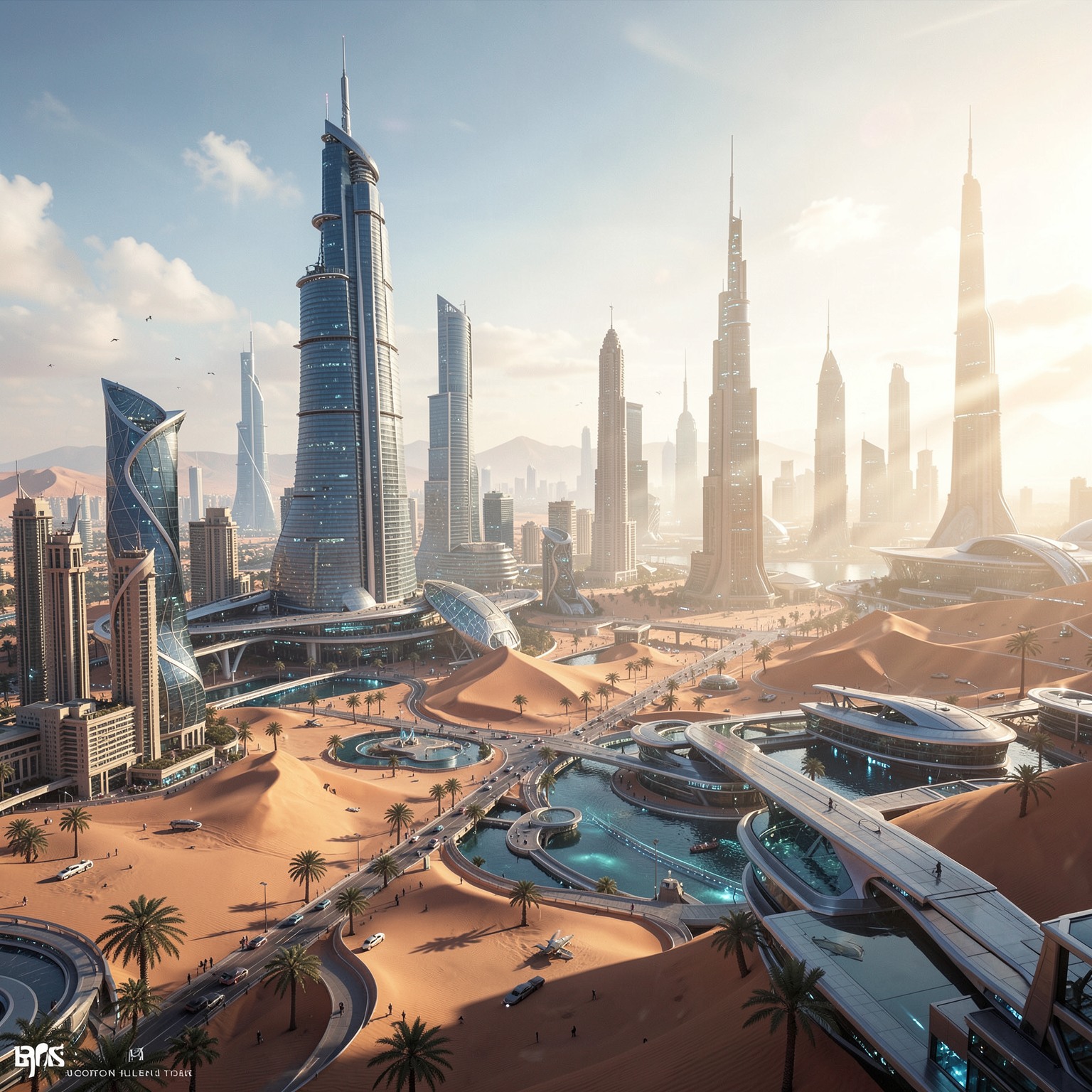 futuristic desert city inspired by Dubai and sci-fi movies