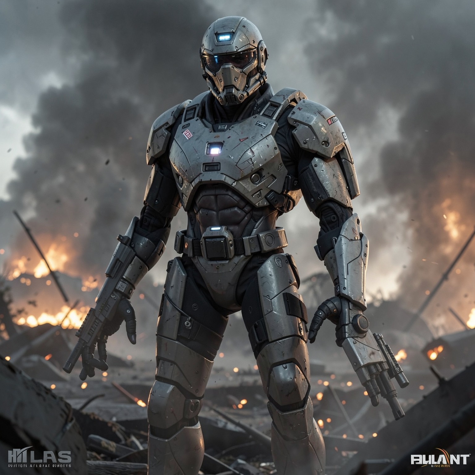 futuristic military exosuit soldier in battlefield smoke