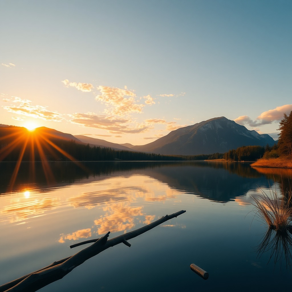 Photo-realistic editorial photography, realistic scene representing lake at golden hour