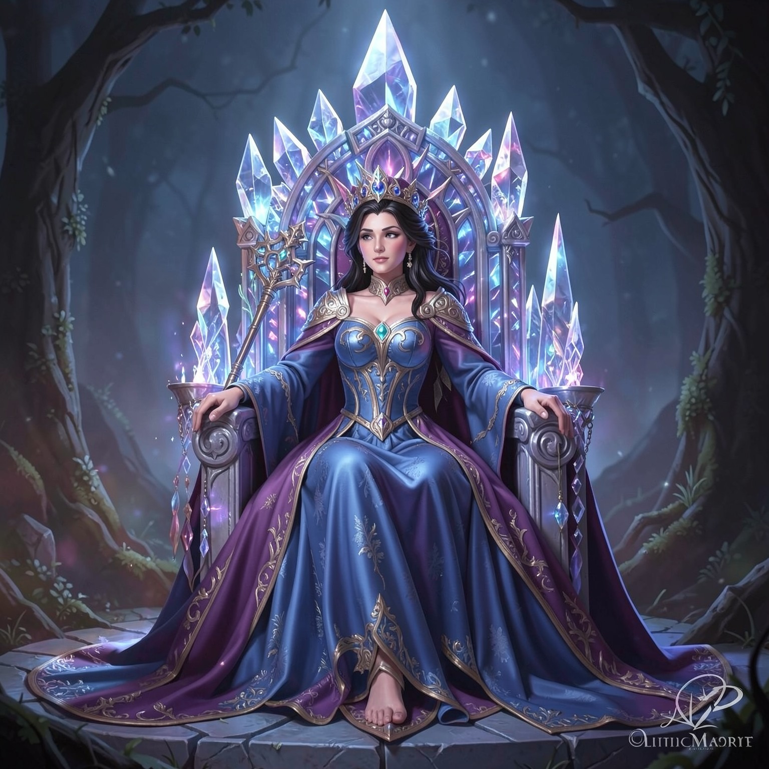 Fantasy queen sitting on crystal throne
