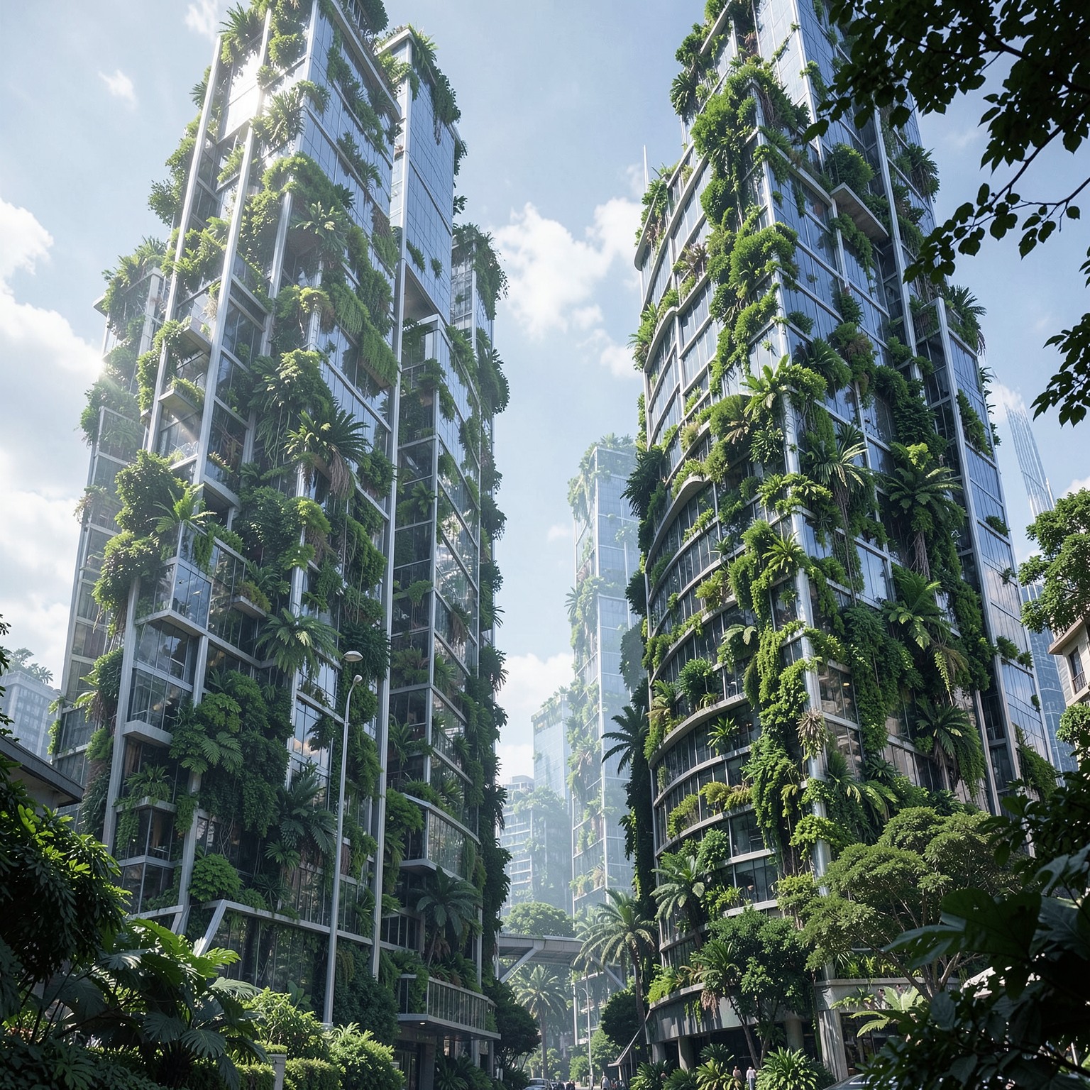 Futuristic skyscrapers covered with greenery