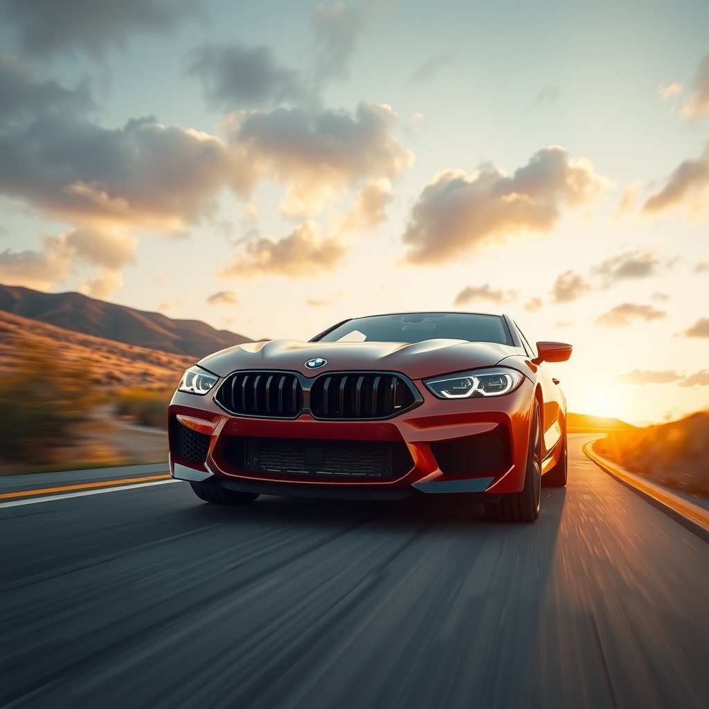 bmw car m8  on the road, photorealistic cinematic, wide angle, 24mm wide lens