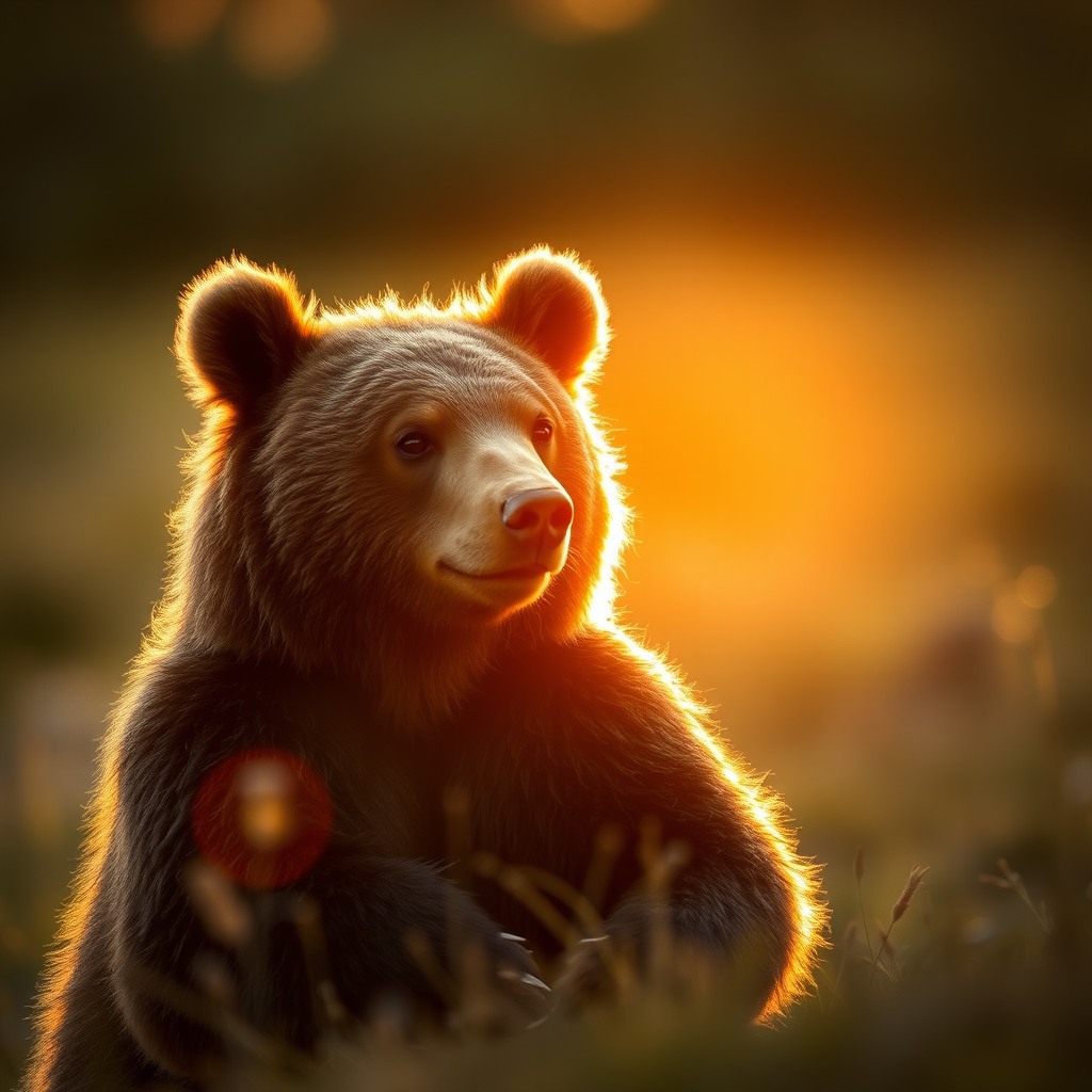 chubby bear, golden hour light, shallow depth of field