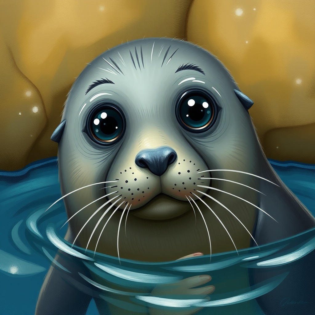 curious seal, storybook style, big sparkling eyes