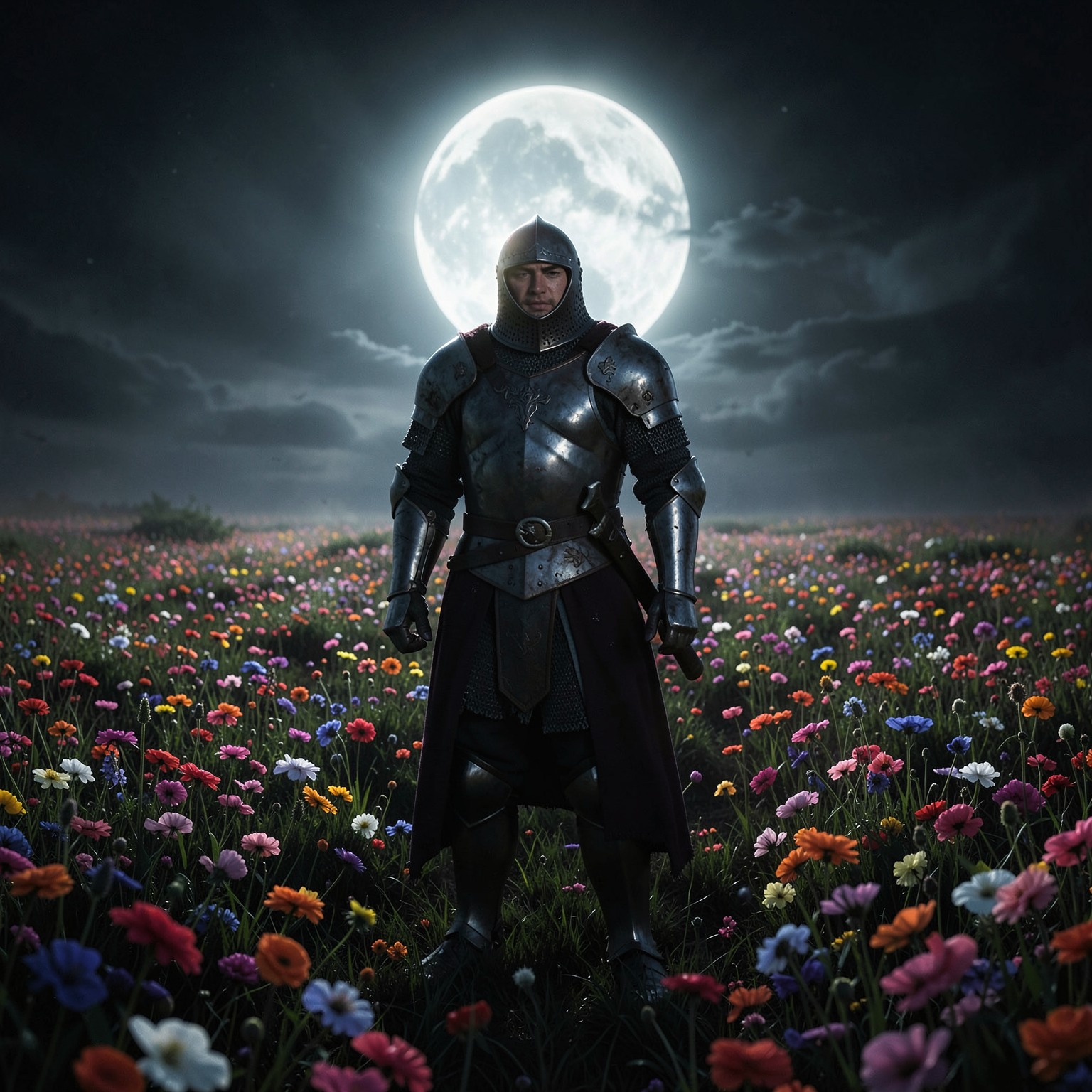 Medieval knight standing in endless flower field during eclipse, cinematic fantasy shot