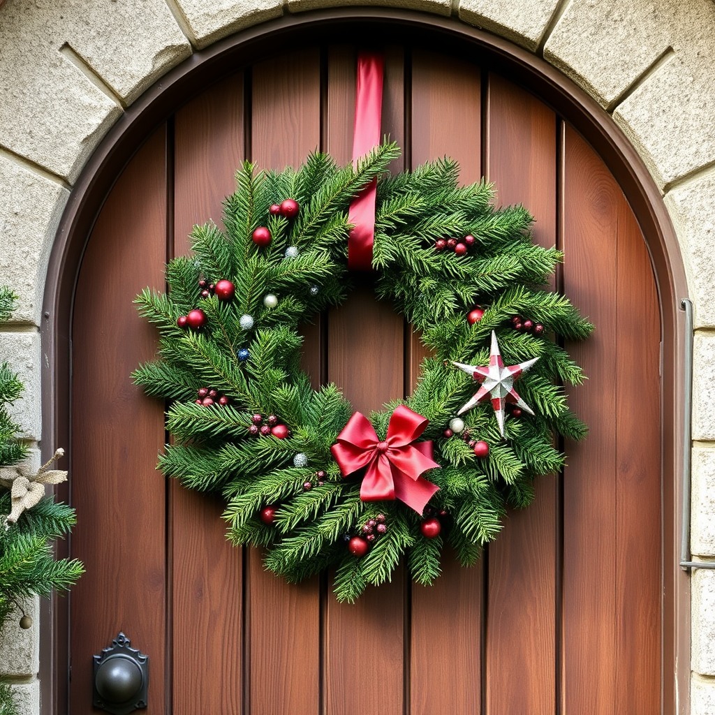 christmas wreath on wooden door, rustic style, ultra detailed